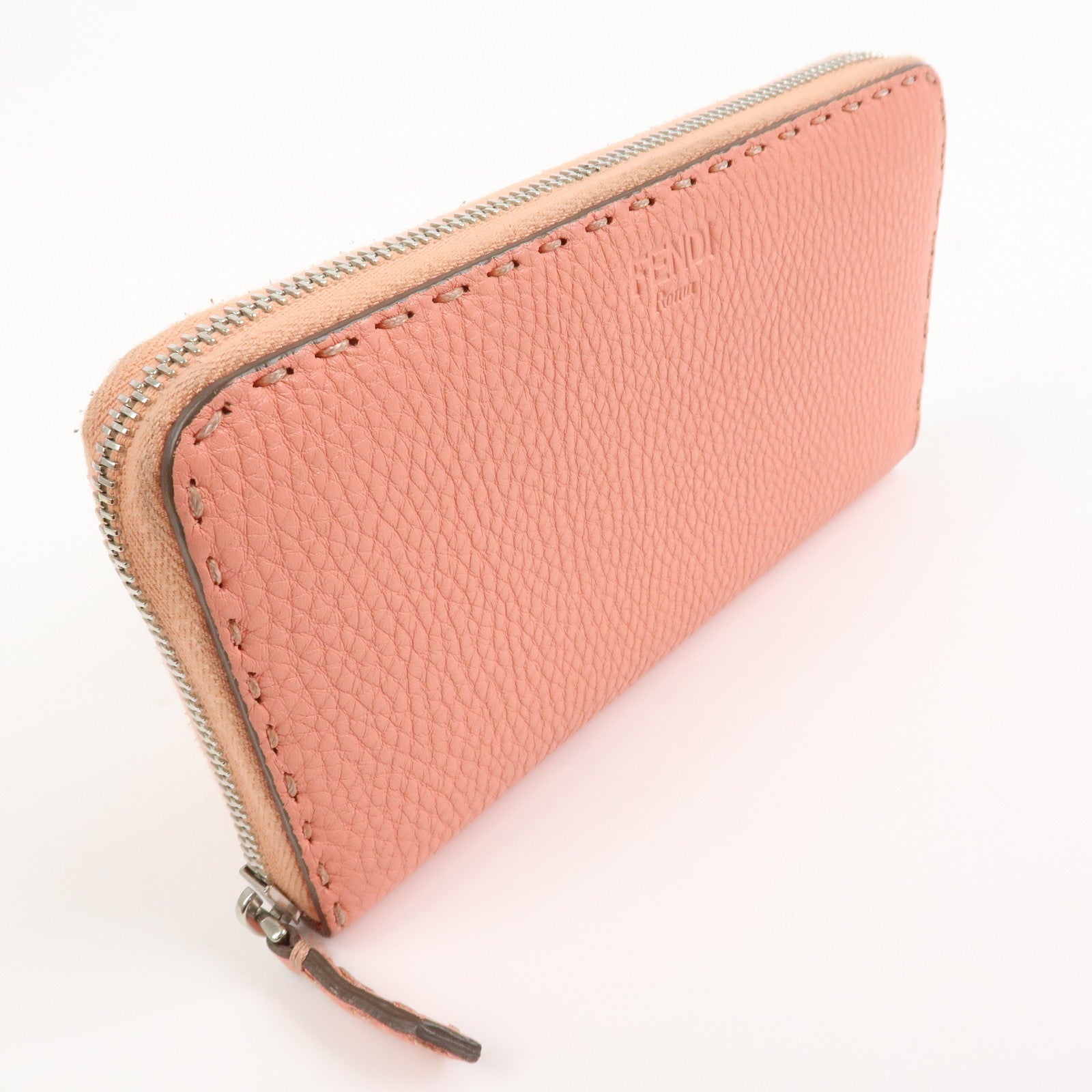 FENDI Leather Round Zippy Long Wallet Pink 8M0299