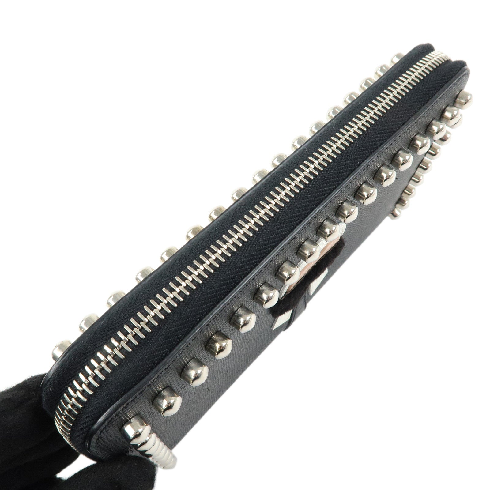 FENDI Leather Studs Zippy Long Wallet Black 8M0299