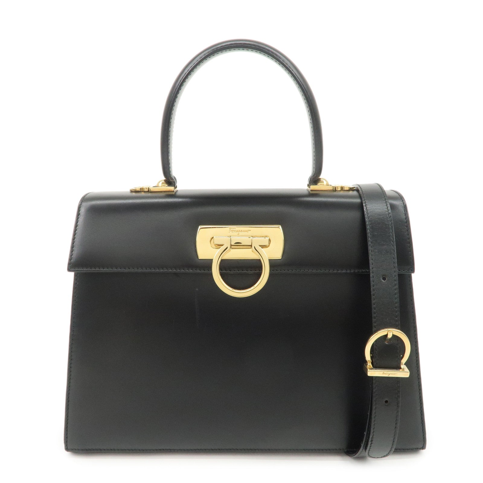 Ferragamo Gancini Leather 2Way Bag Hand Bag Shoulder Bag Black