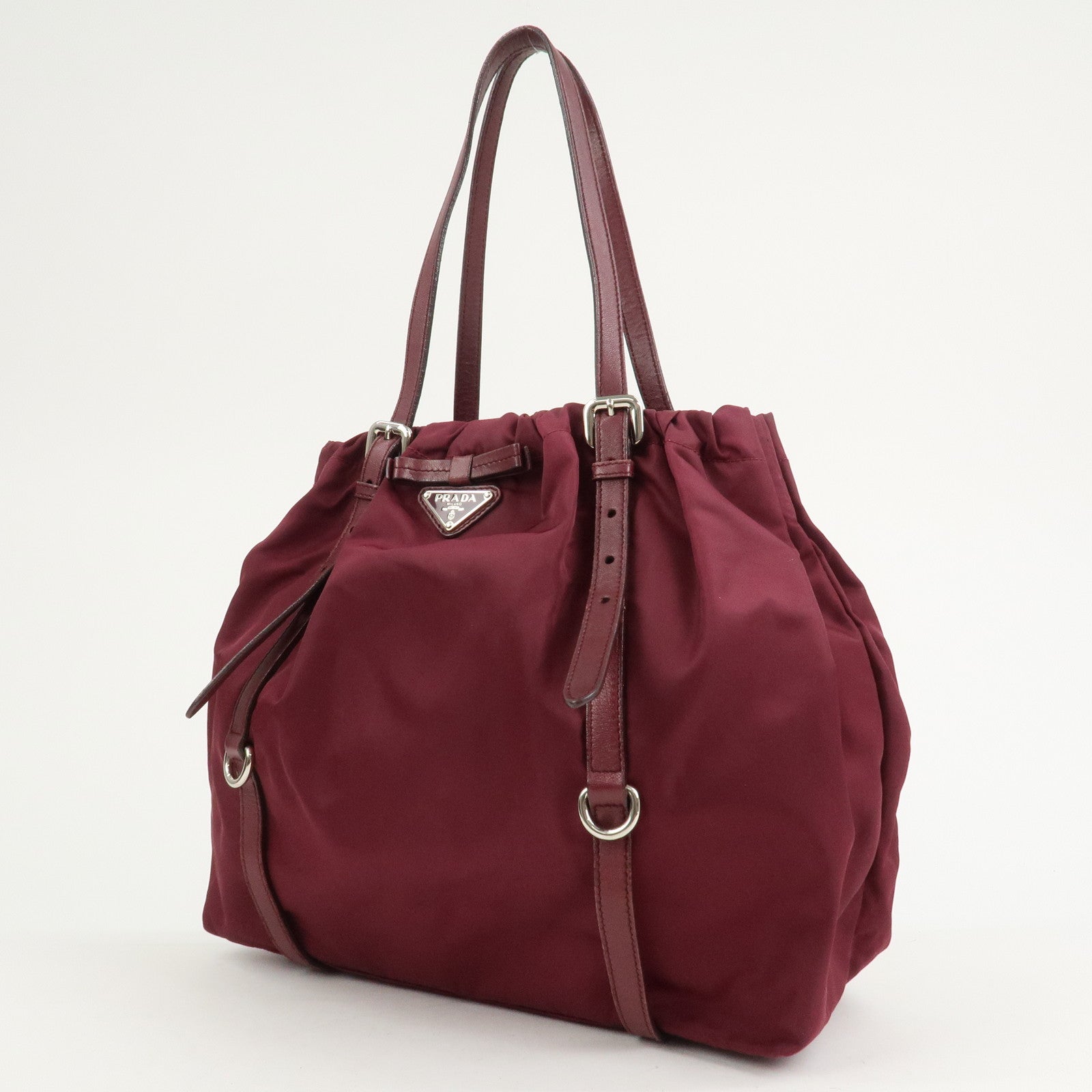 PRADA Triangle Nylon Leather Tote Bag Shoulder Bag Bordeaux