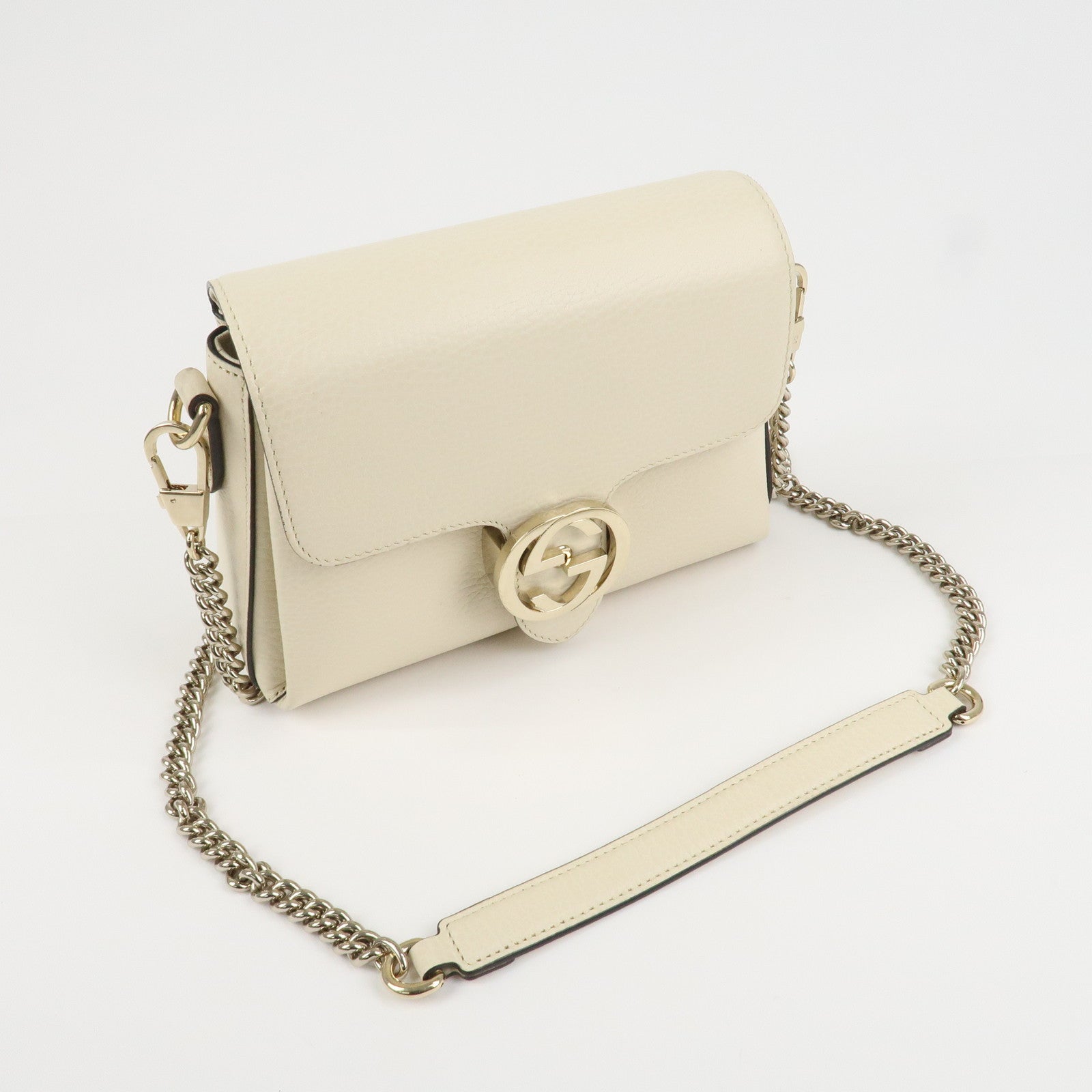 GUCCI Interlocking G Leather Chain Shoulder Bag Ivory Gold 240020 Used