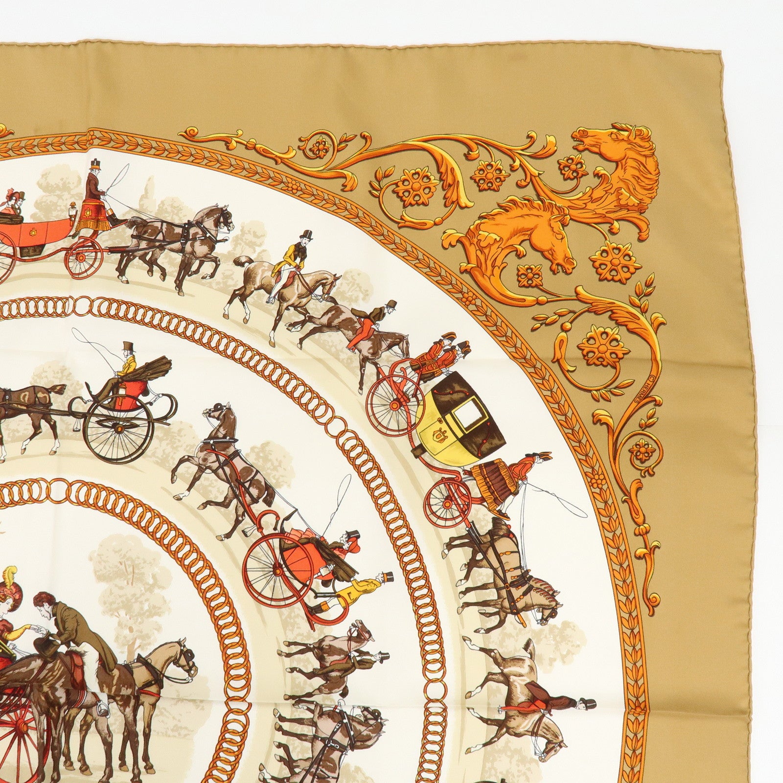 HERMES Carre 90 Silk 100% Scarf LA PROMENADE DE LONGCHAMPS Brown