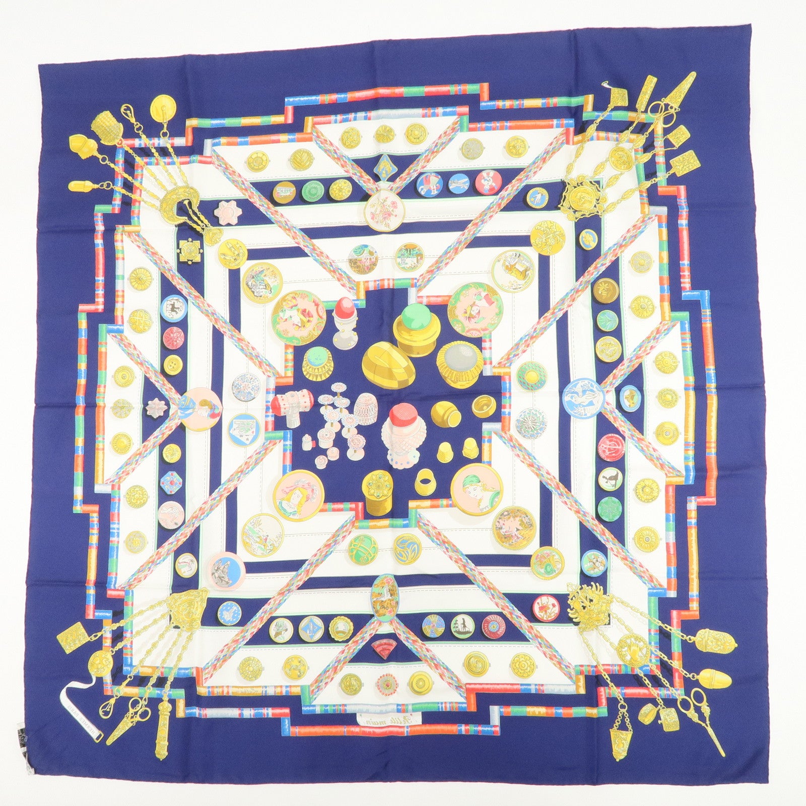 HERMES Carre 90 Silk 100% Scarf Petite main Navy White Multicolor