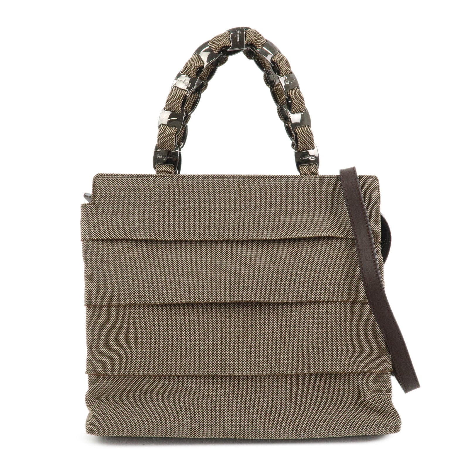 Ferragamo Canvas 2Way Bag Hand Bag Shoulder Bag Brown