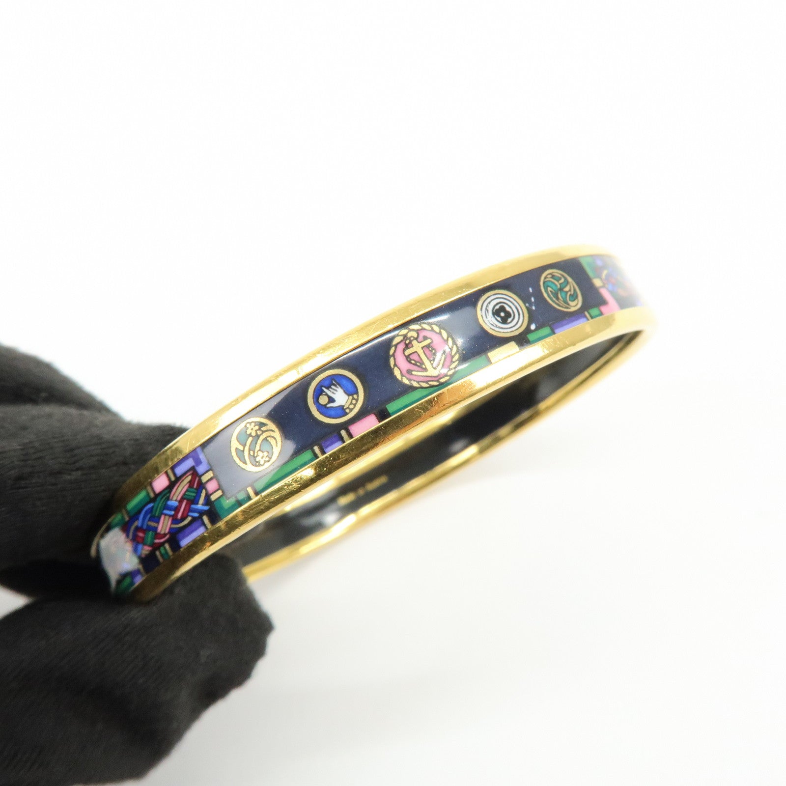 HERMES Email PM Gold Plated Bangle Bracelet Dark Navy Multicolor