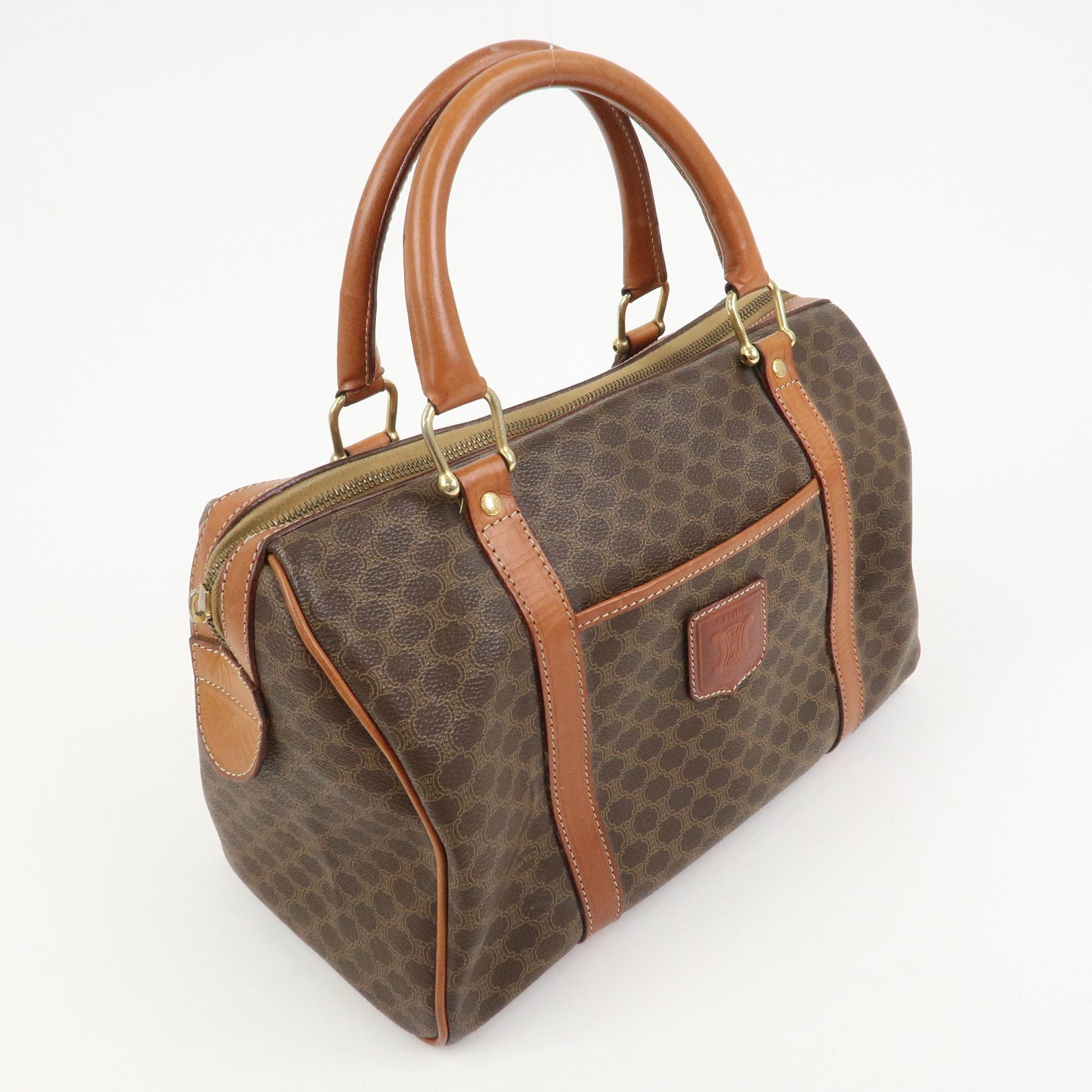 CELINE Macadam PVC Coating Canvas Leather Boston Bag Brown