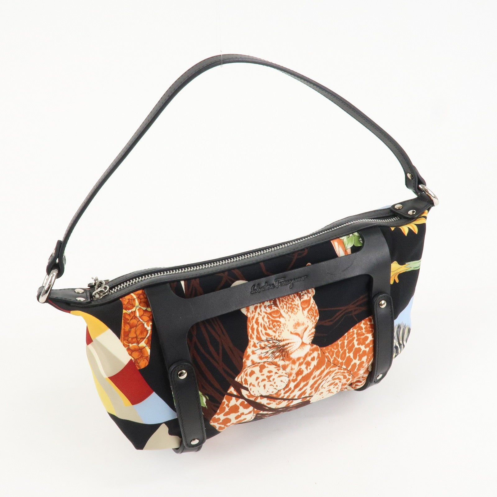 Ferragamo Nylon Leather Mini Hand Bag Pouch Multicolor Black Used
