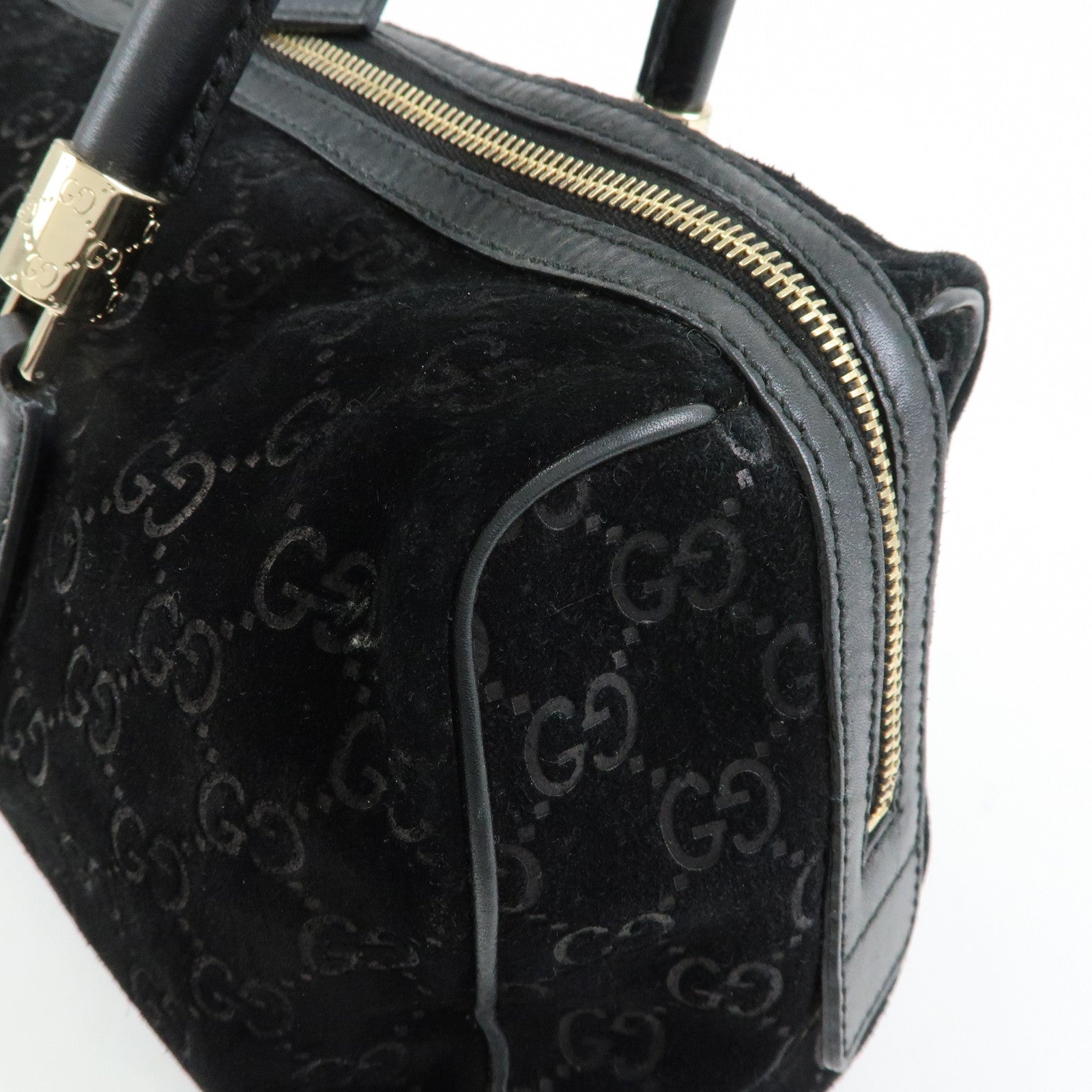 GUCCI GG Suede Leather Boston Bag Hand Bag Black Bordeaux 162739