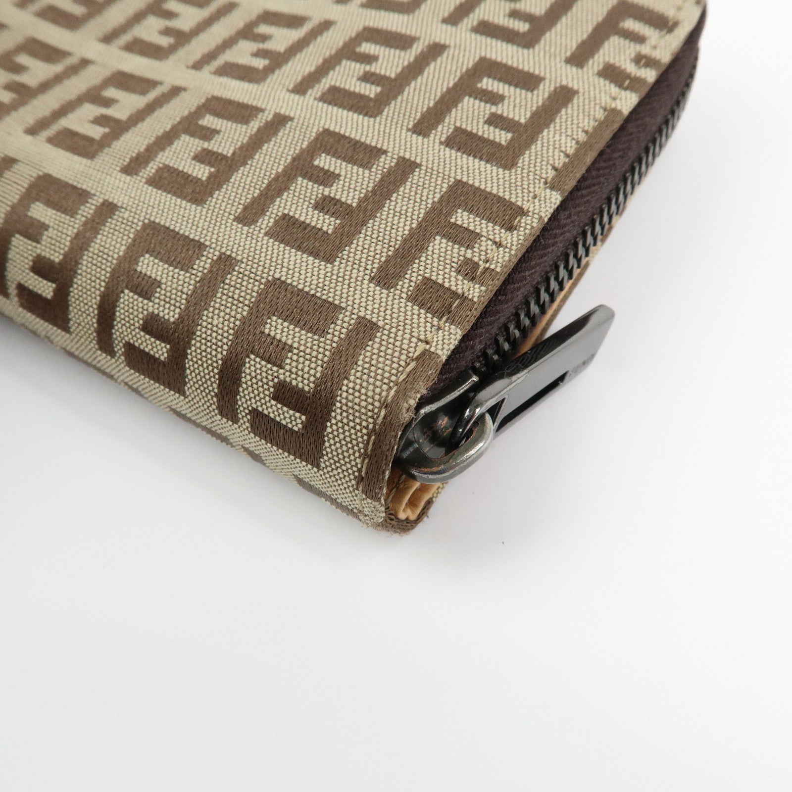 FENDI Zucchino Canvas Leather Compact Wallet Beige 8M0018