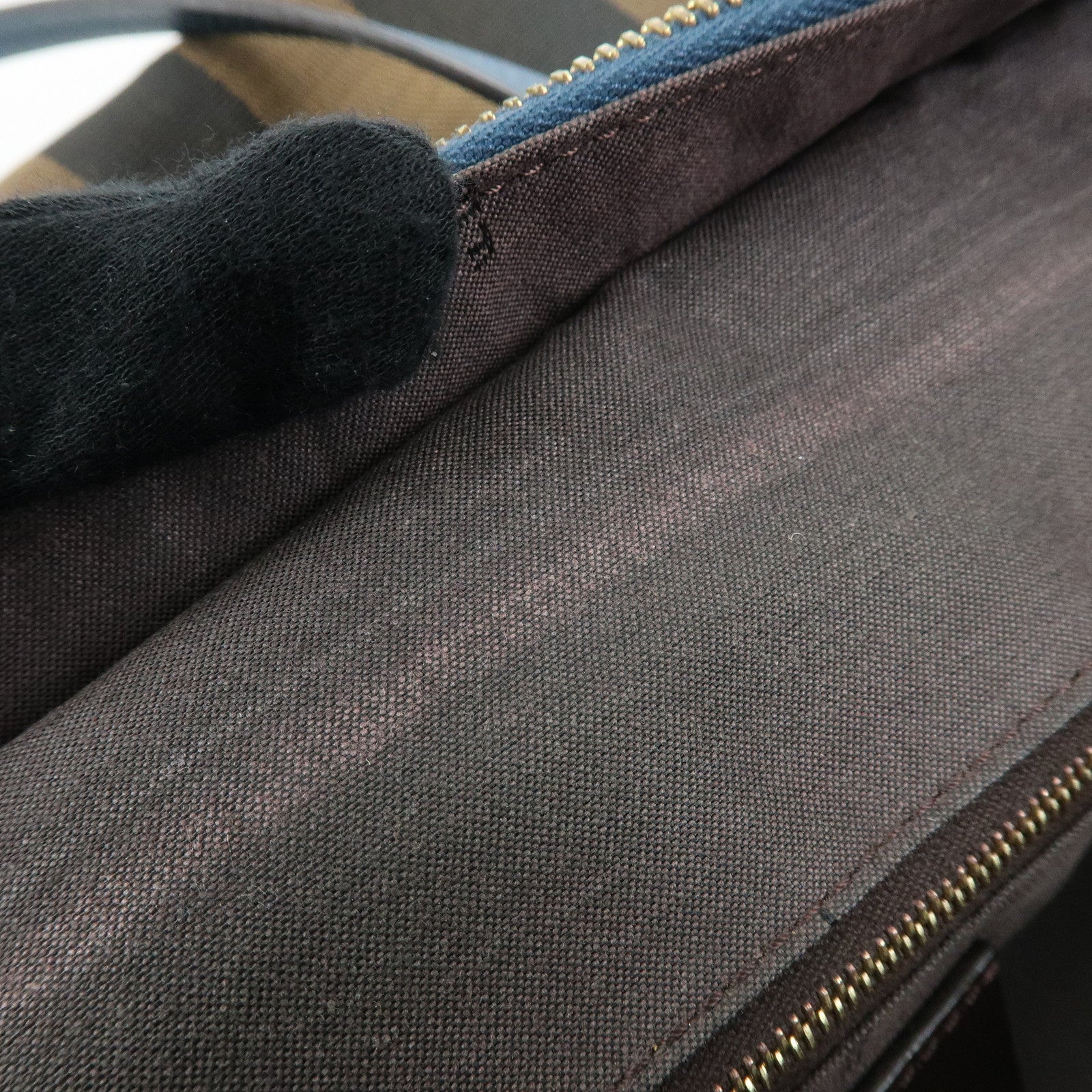 FENDI Pequin Canvas Leather Tote Bag Shoulder Bag Brown Navy 8BH185