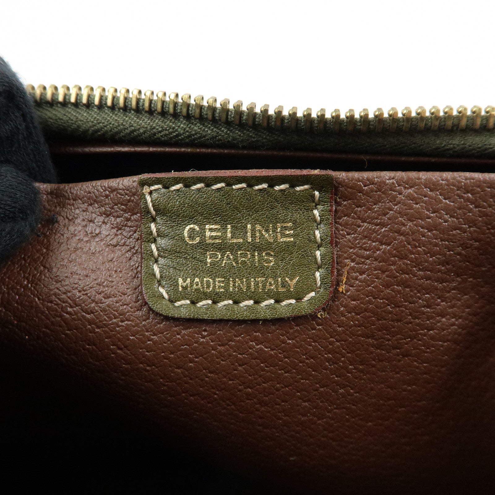 CELINE Logo Leather Accessory Pouch Cosmetic Case Khaki