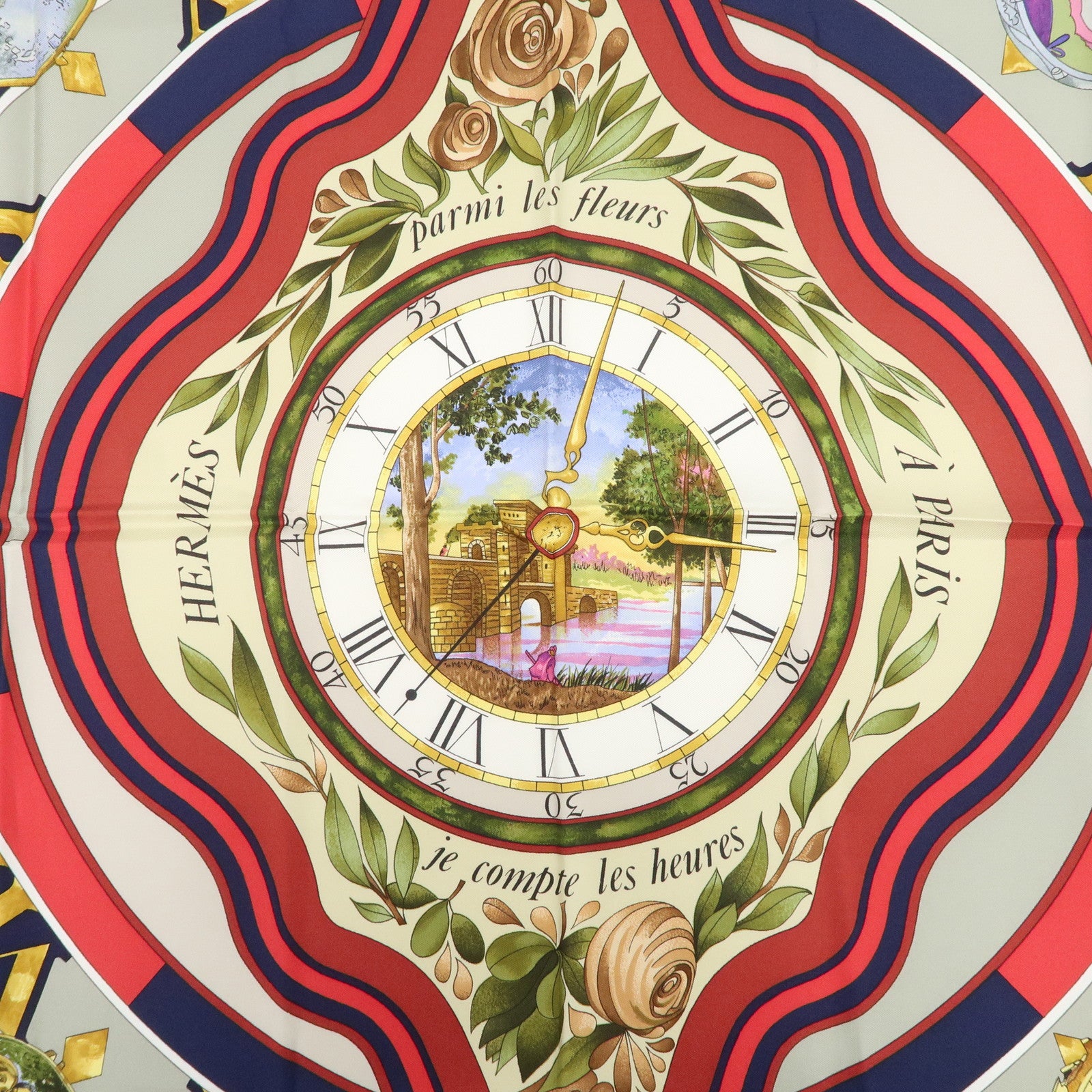 HERMES Carre 90 Silk 100% Scarf Clock Print Navy White Multicolor