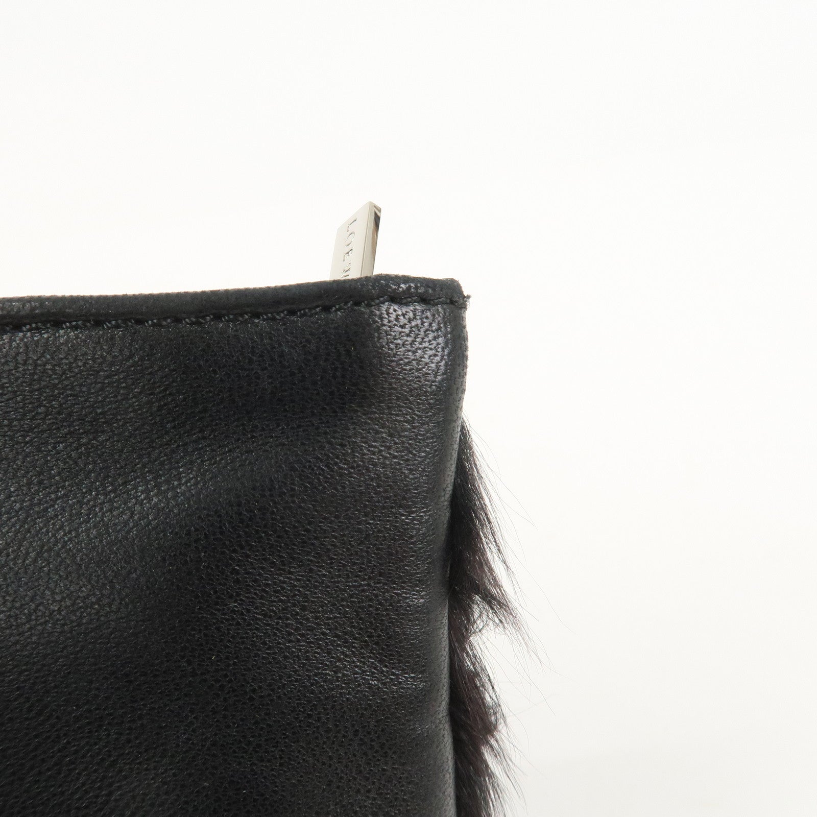 LOEWE Logo Fur Leather Cosmetic Pouch Black