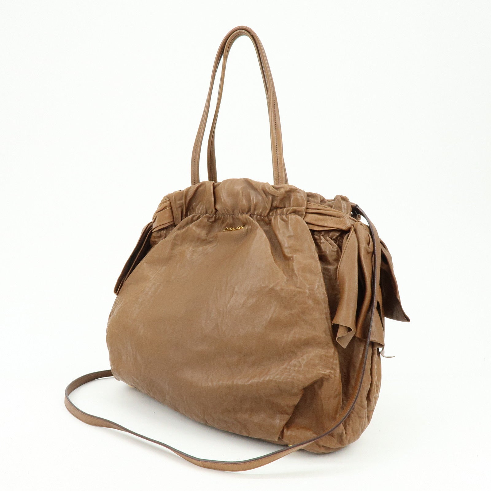 PRADA Leather Ribbon 2Way Bag Hand Bag Shoulder Bag Brown BN1760