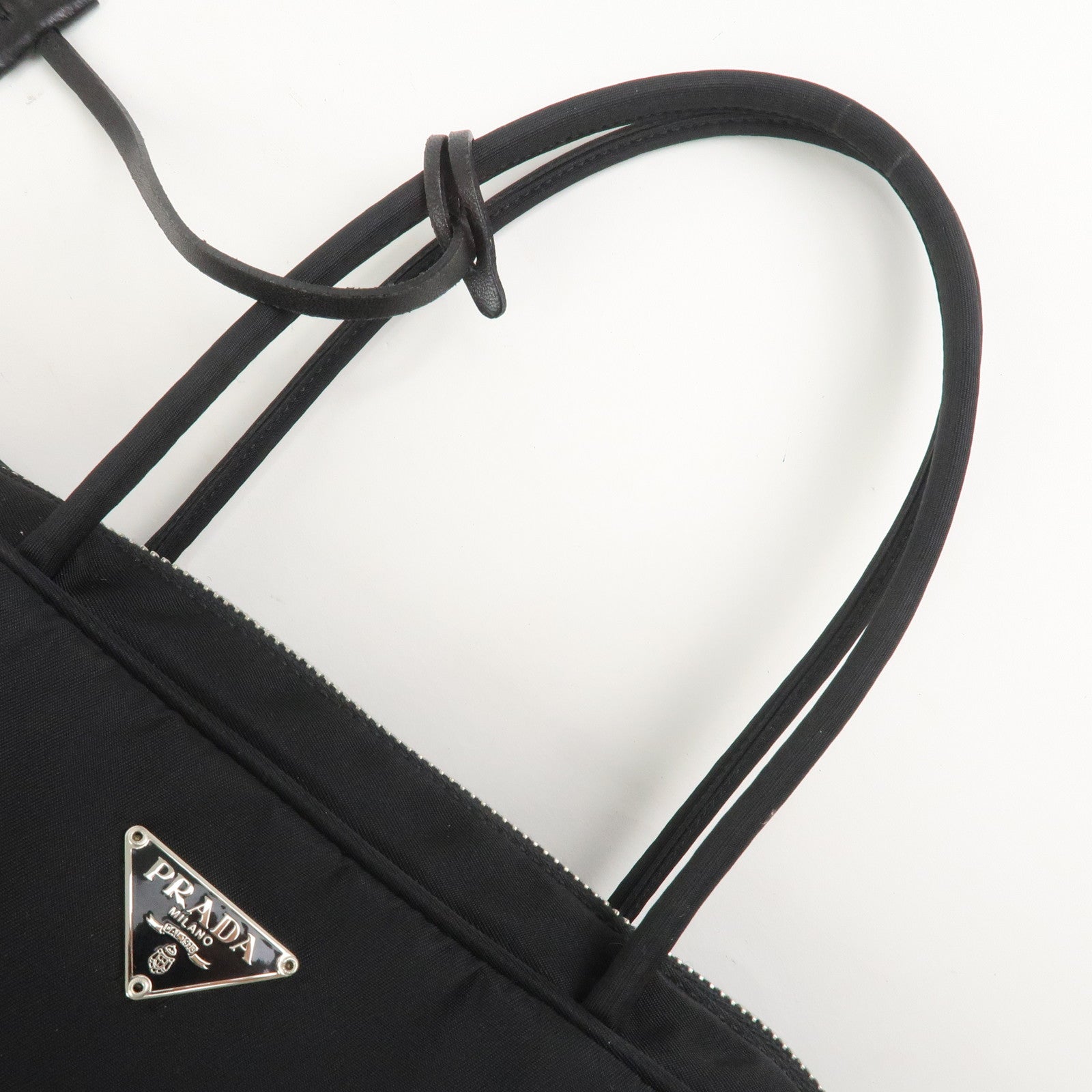 PRADA Triangle Logo Nylon Leather Hand Bag Black BN0531