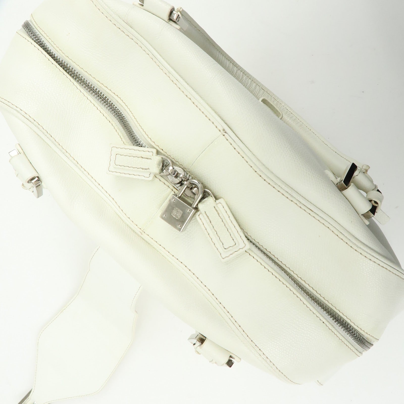 LOEWE Logo Side Pocket Leather Boston Bag Hand Bag White