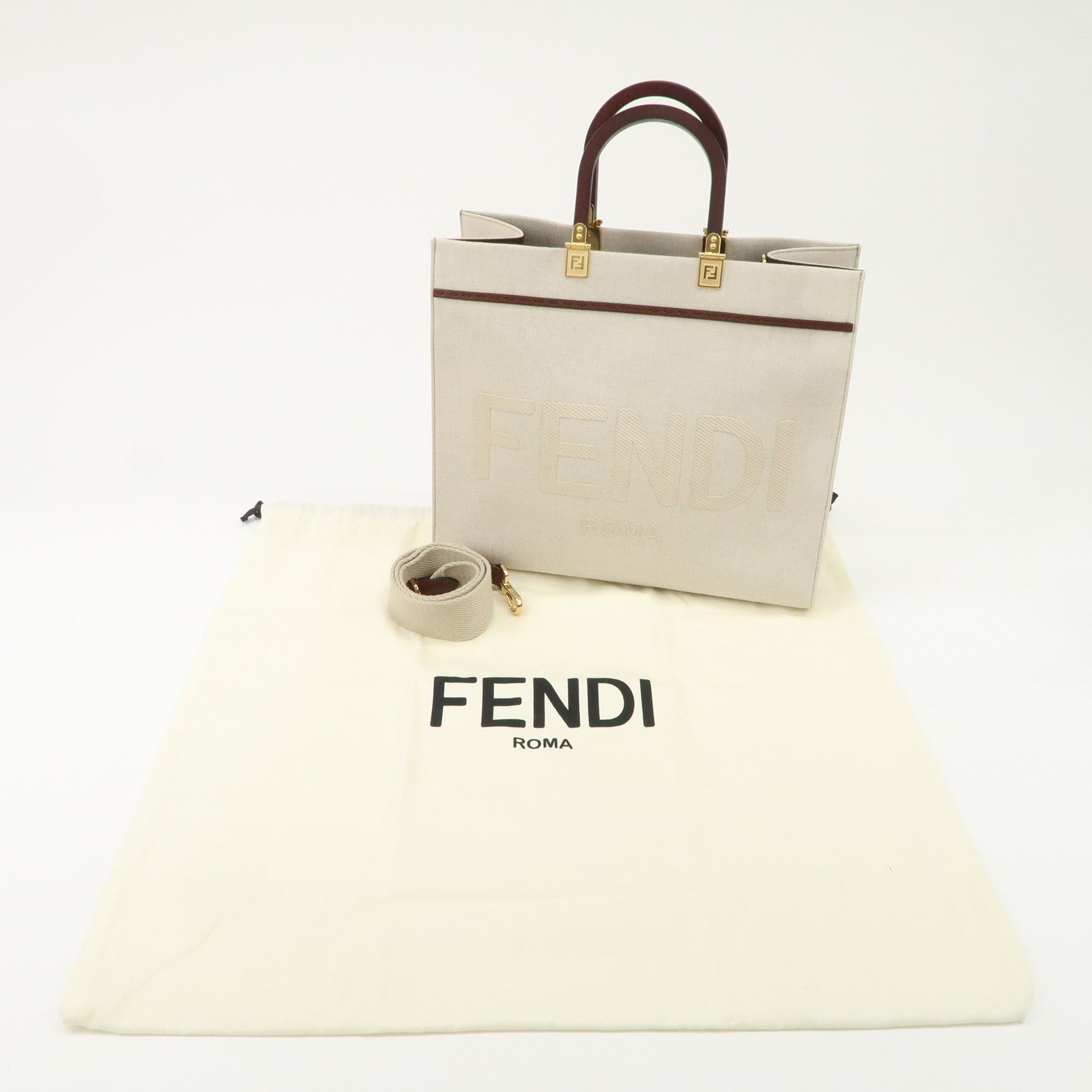 FENDI Leather Canvas Sunshine Medium Tote Bag Natural 8BH386