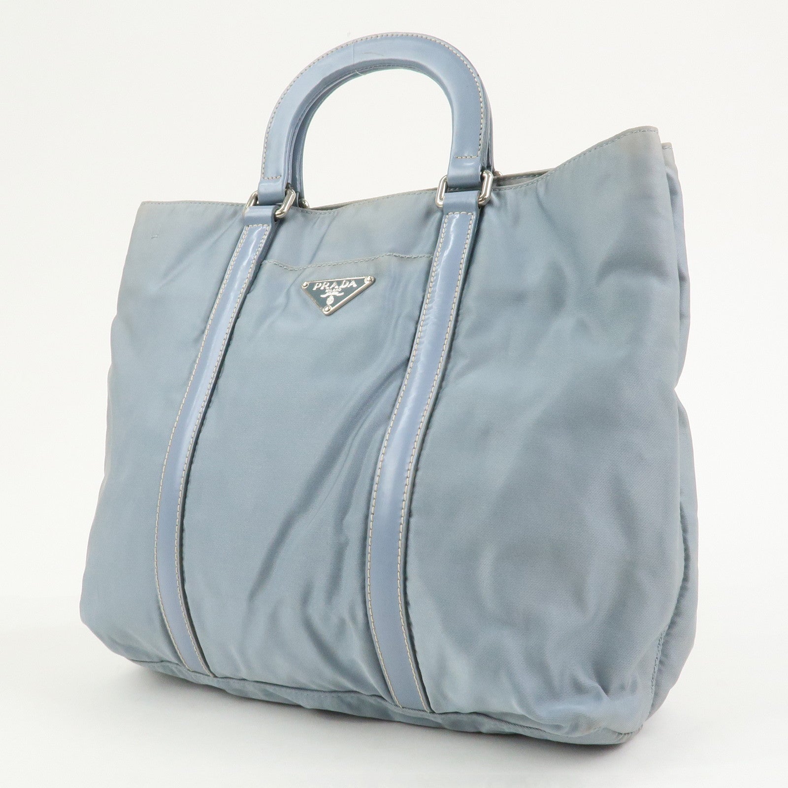 PRADA Triangle Logo Nylon Leather Hand Bag Light Blue