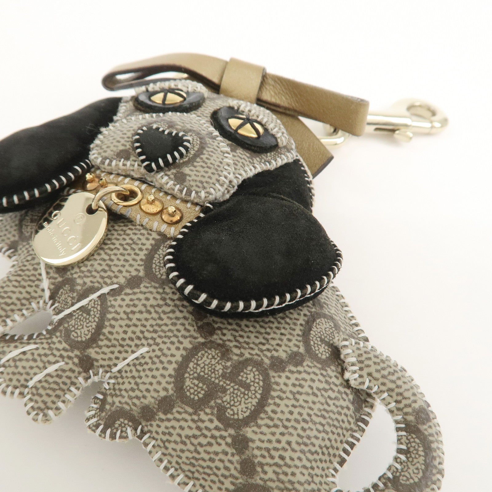 GUCCI GG Plus Suede Leather Bag Charm Key Chain Beige Black 206078