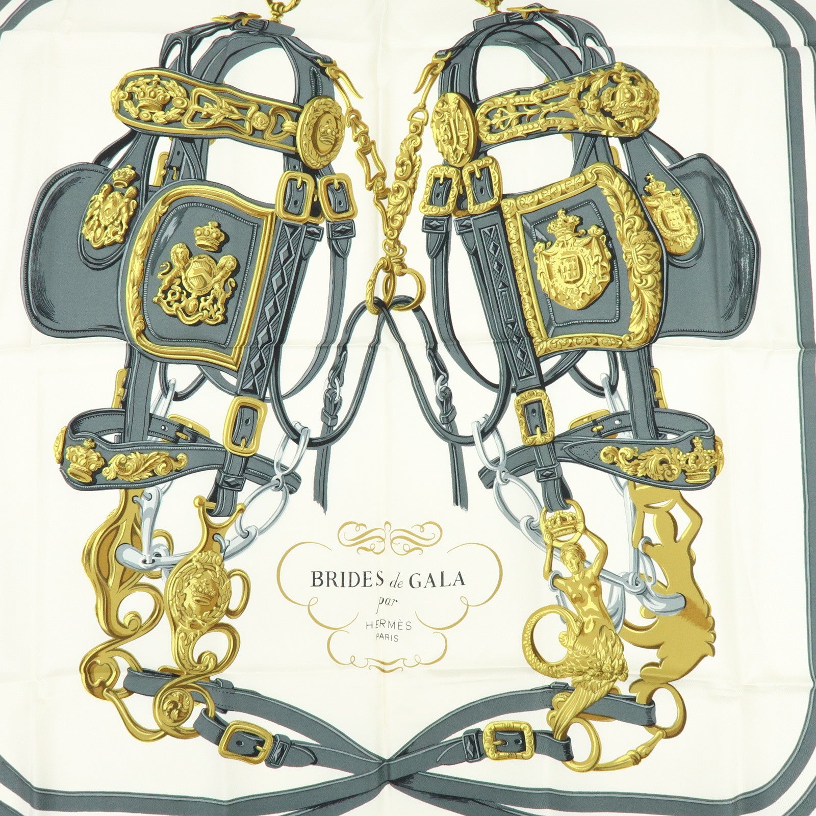 HERMES Carre 90 Silk 100% Scarf BRIDES DE GALA Navy Gray Gold
