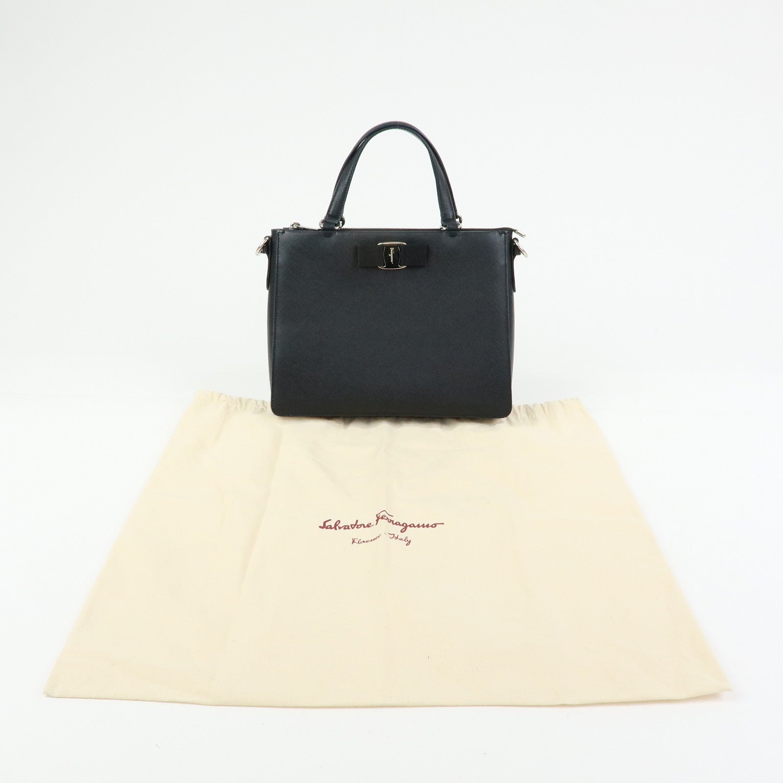 Ferragamo Vara Ribbon Leather 2Way Bag Hand Bag Black