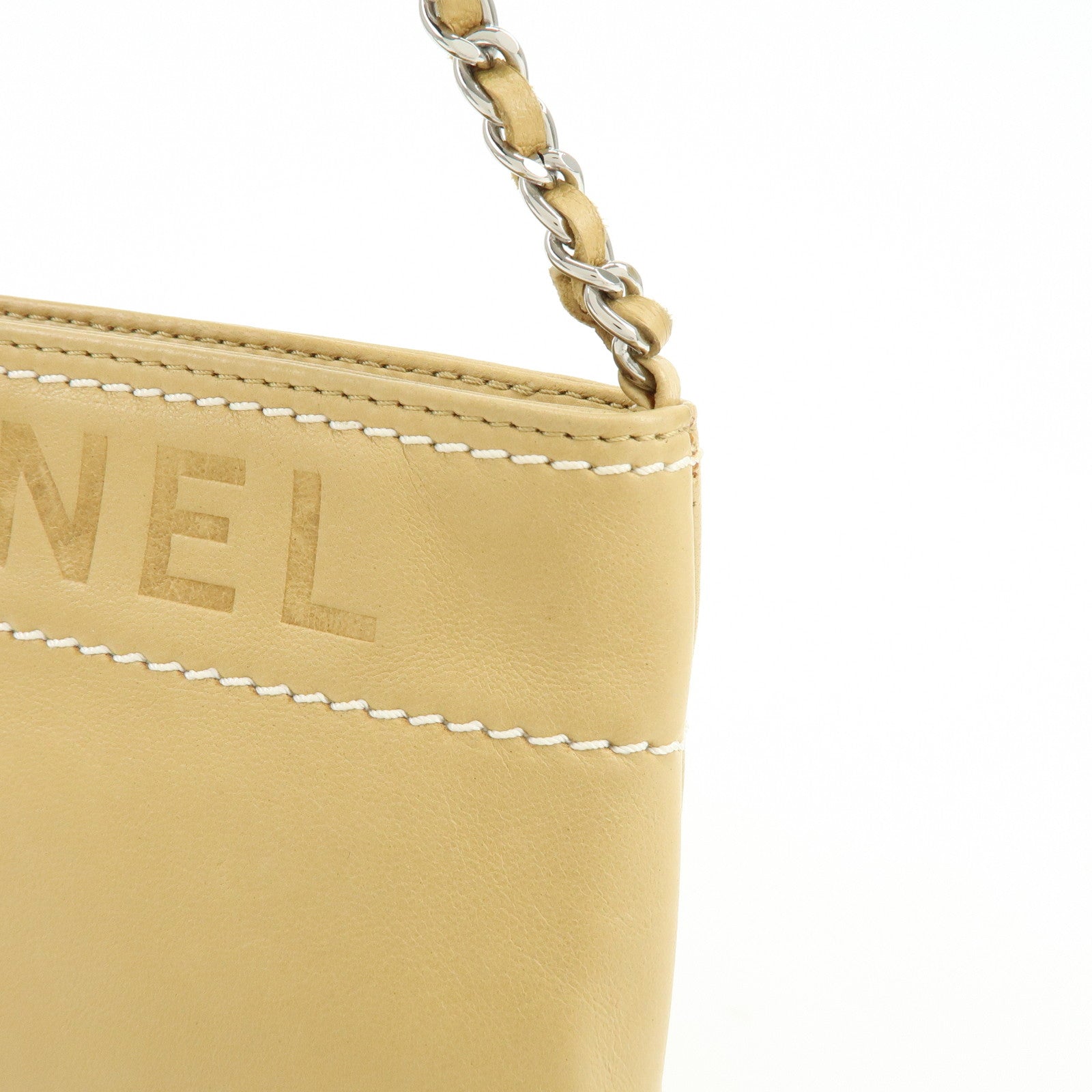CHANEL Logo Lamb Skin Hand Bag Beige