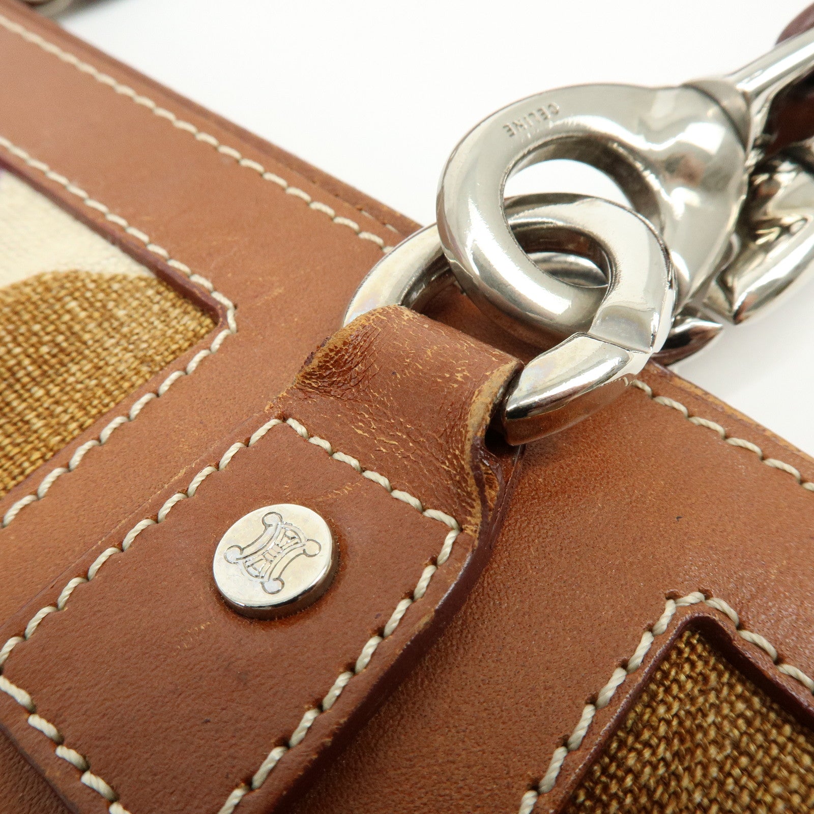 CELINE Flower Canvas Leather Tote Bag Shoulder Bag Brown Natural