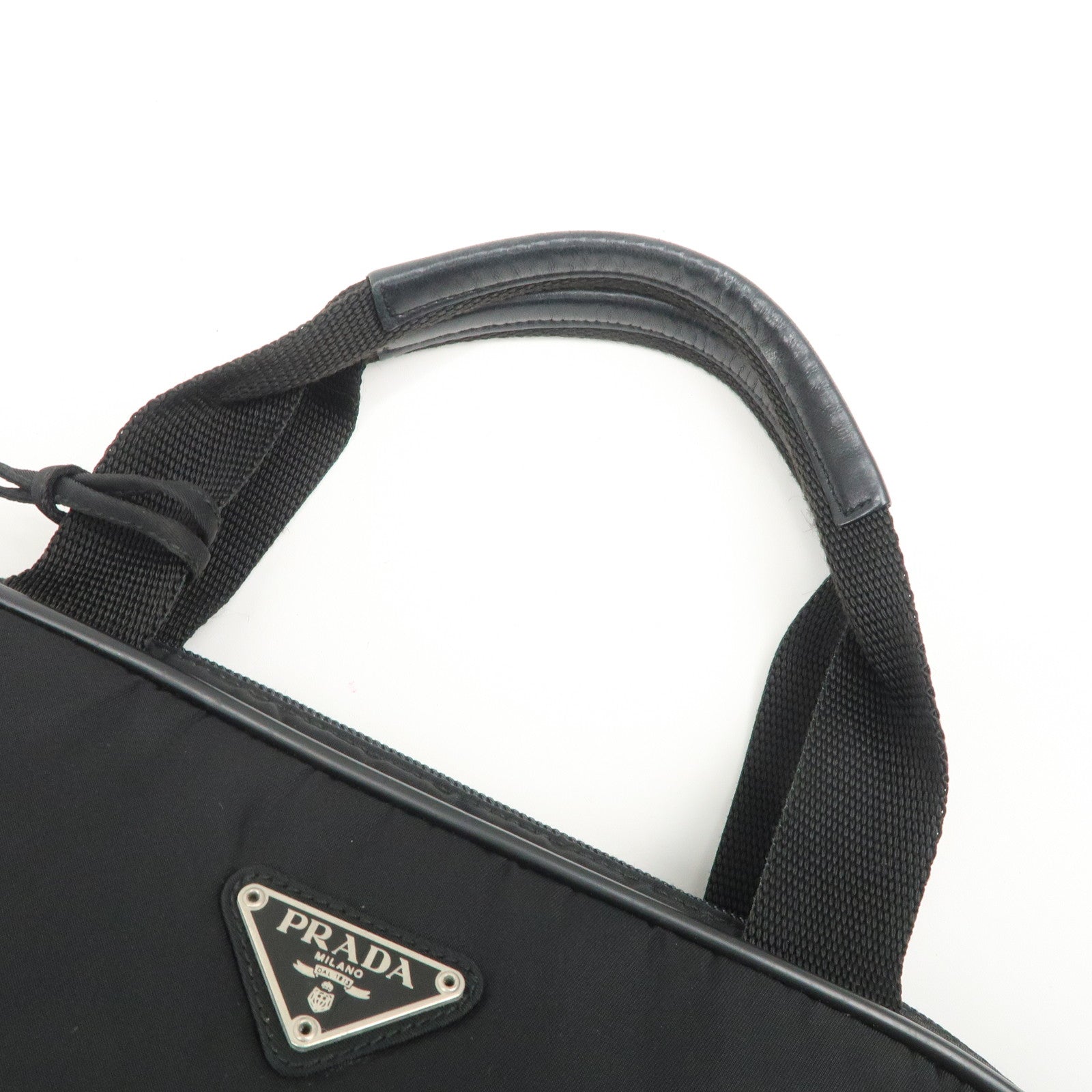 PRADA Triangle Logo Nylon Leather Hand Bag Boston Bag Black