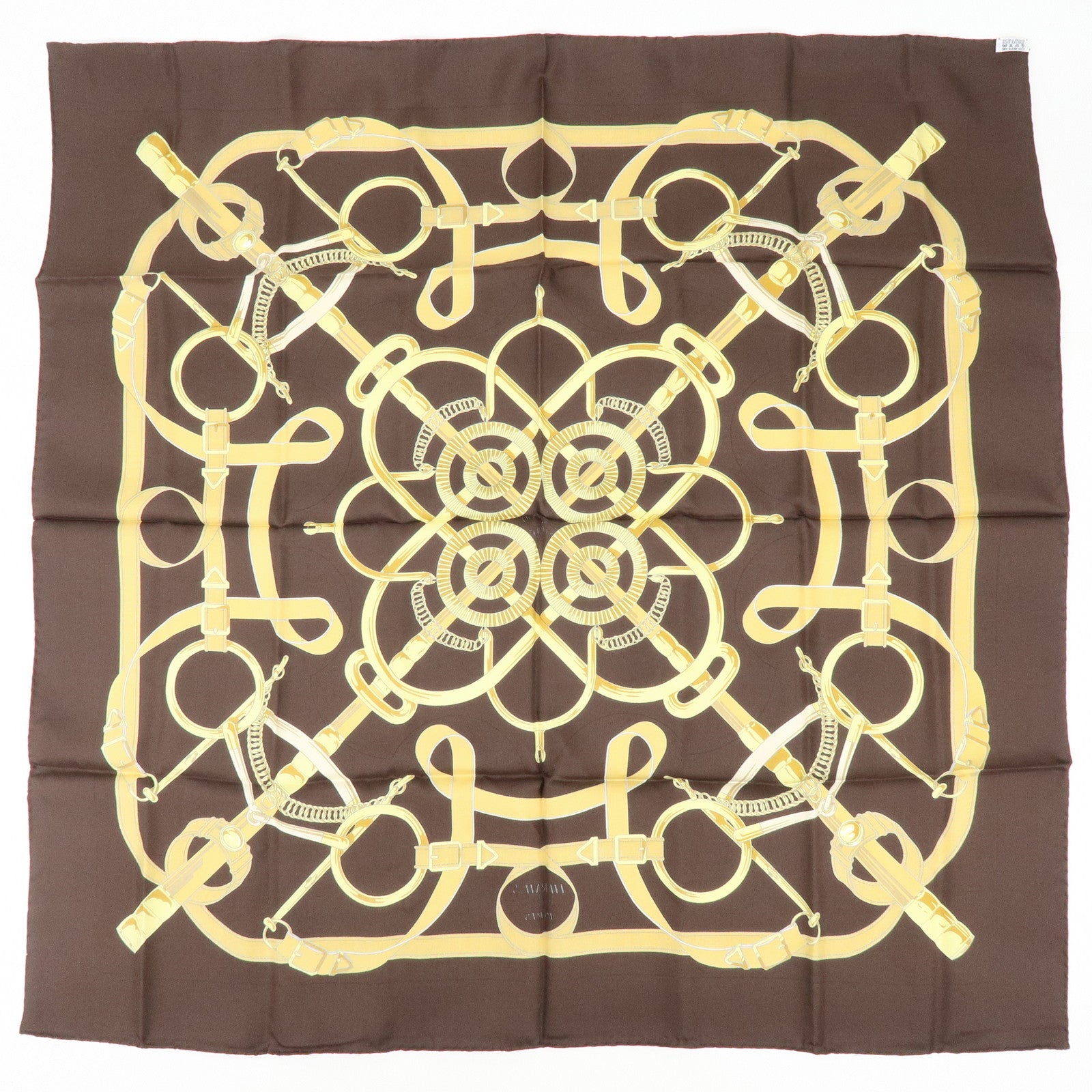 HERMES Carre 90 Silk 100% Scarf Eperon d'or Brown Gold