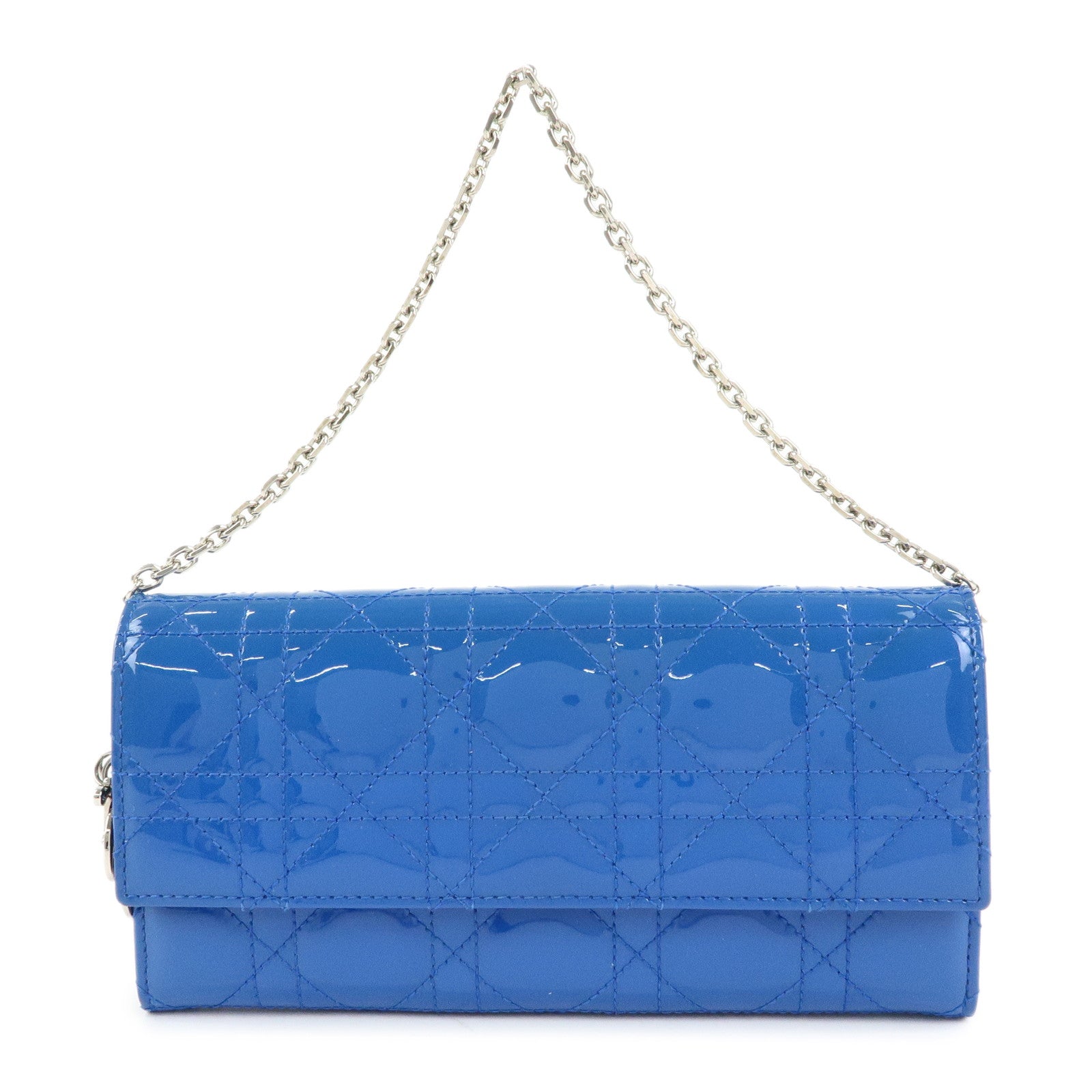 Christian Dior Cannage Patent Leather Chain Wallet WOC Blue Silver