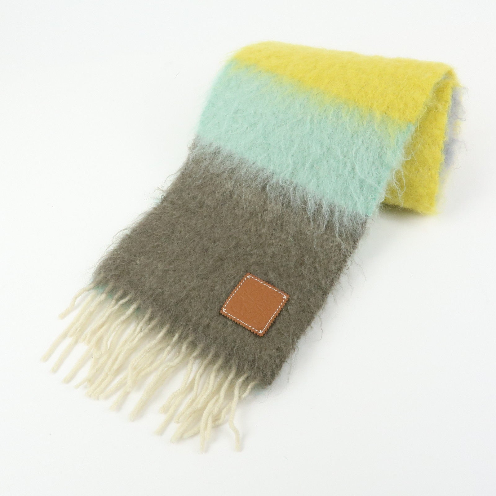 LOEWE Anagram Wool Mohair Nylon Scarf Shawl Yellow Gray Light Blue