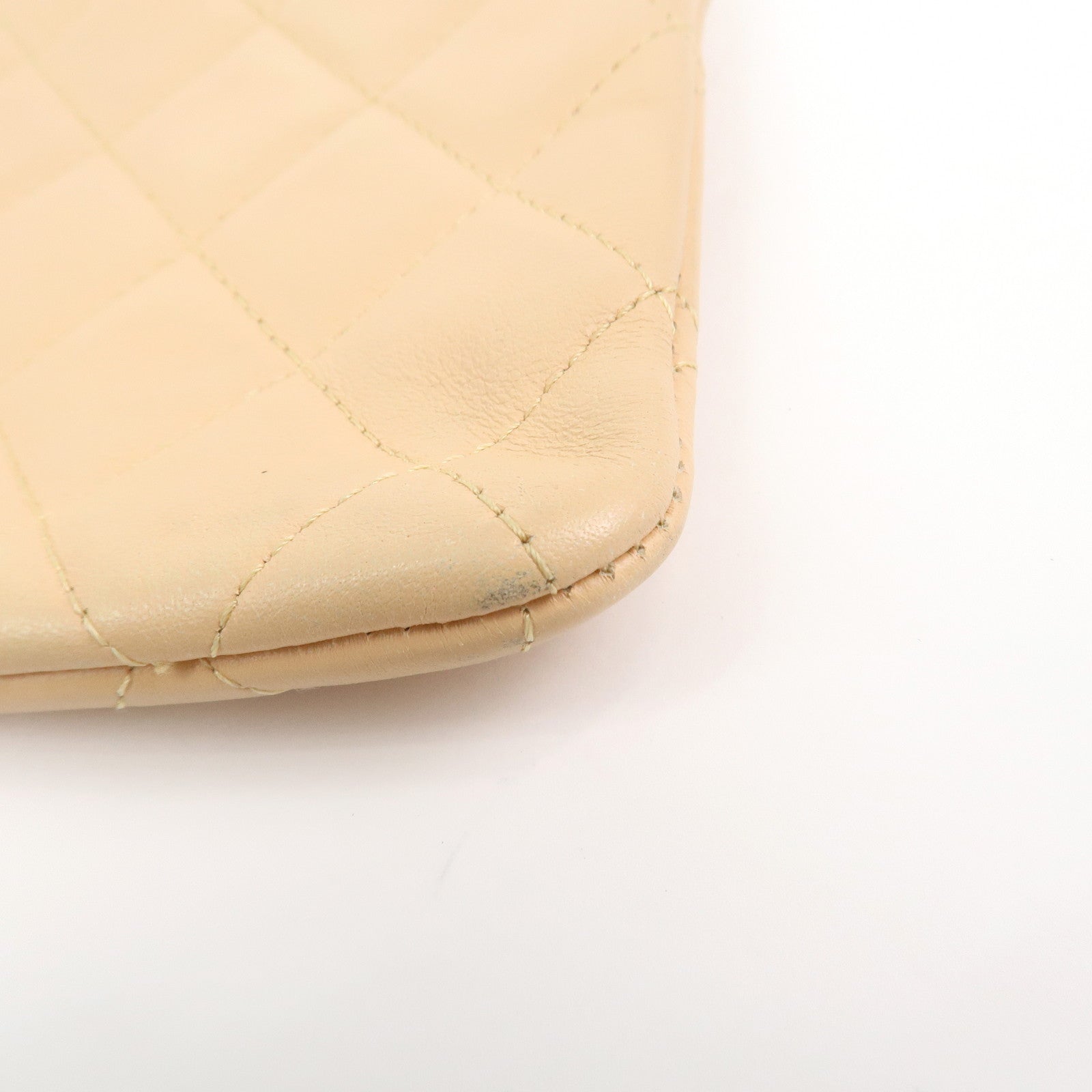 CHANEL Cambon Line Lamb Skin Cosmetic Pouch Makeup Bag Beige Black