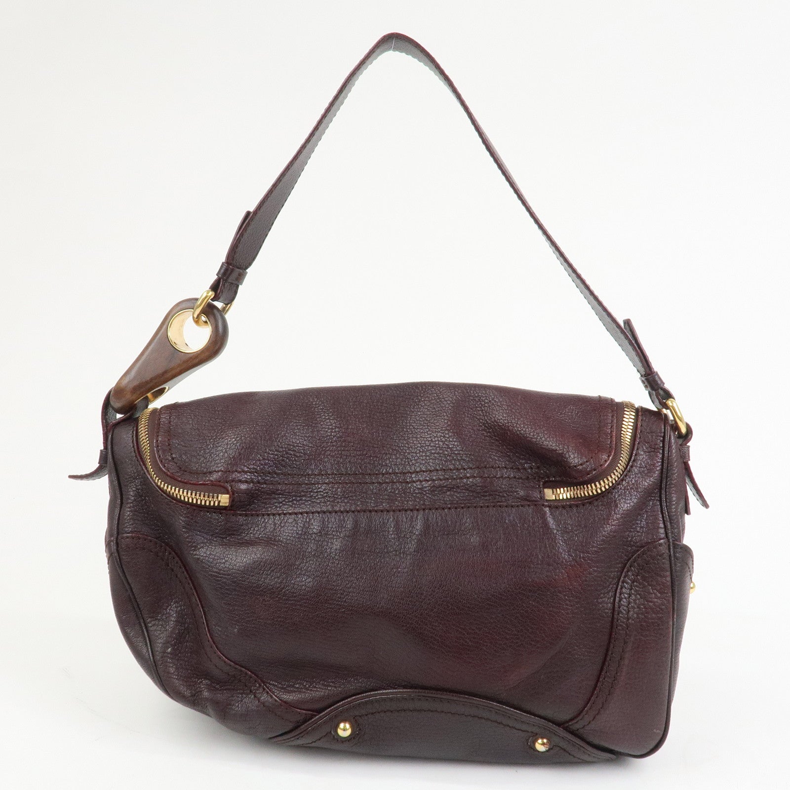 CELINE Macadam Leather Wood Shoulder Bag Hand Bag Brown