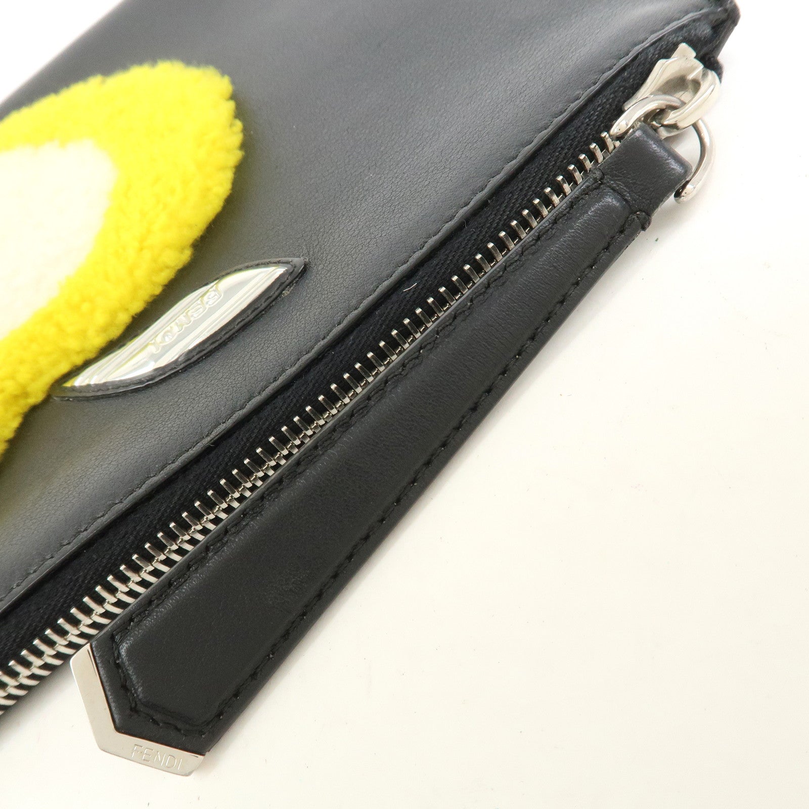 FENDI Leather Wool Apple Motif Clutch Bag Pouch Black 8M0363