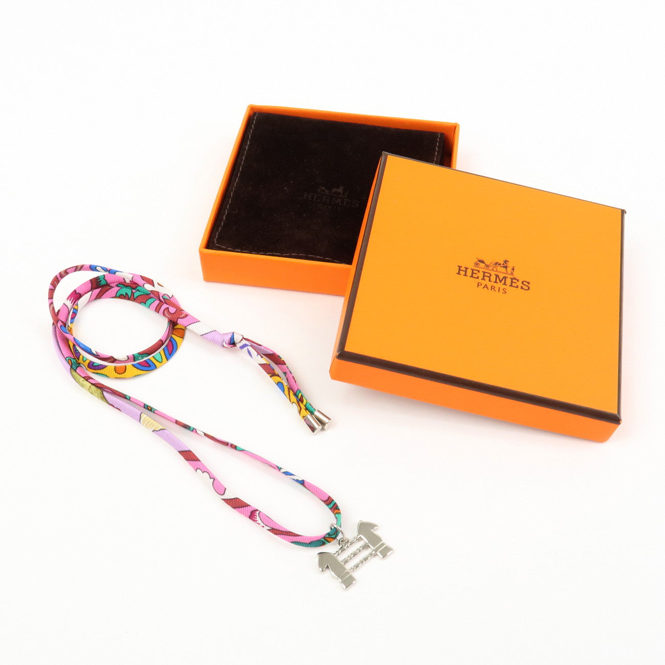 HERMES Tourbillon Stainless Steel Silk Necklace Choker Silver Pink