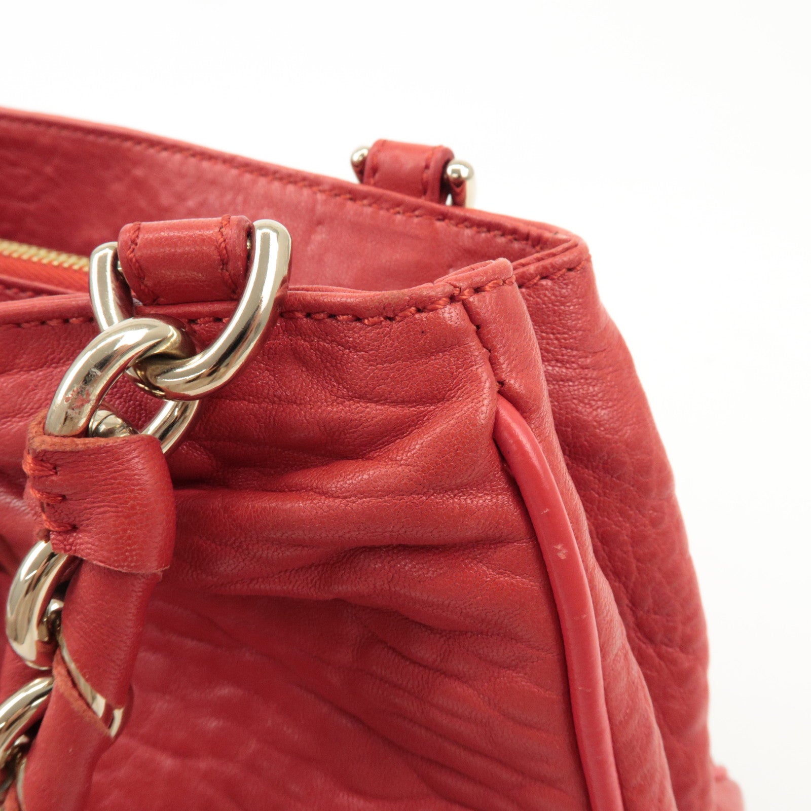 FENDI Leather Mia Chain Shoulder Bag Red Gold Hardware 8BR615 Used