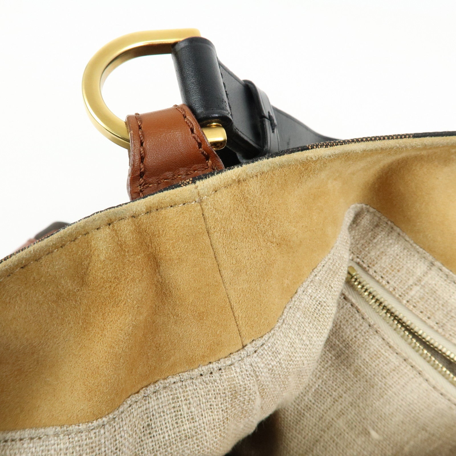 FENDI Pequin Canvas Leather Shoulder Bag Brown Black 8BR653