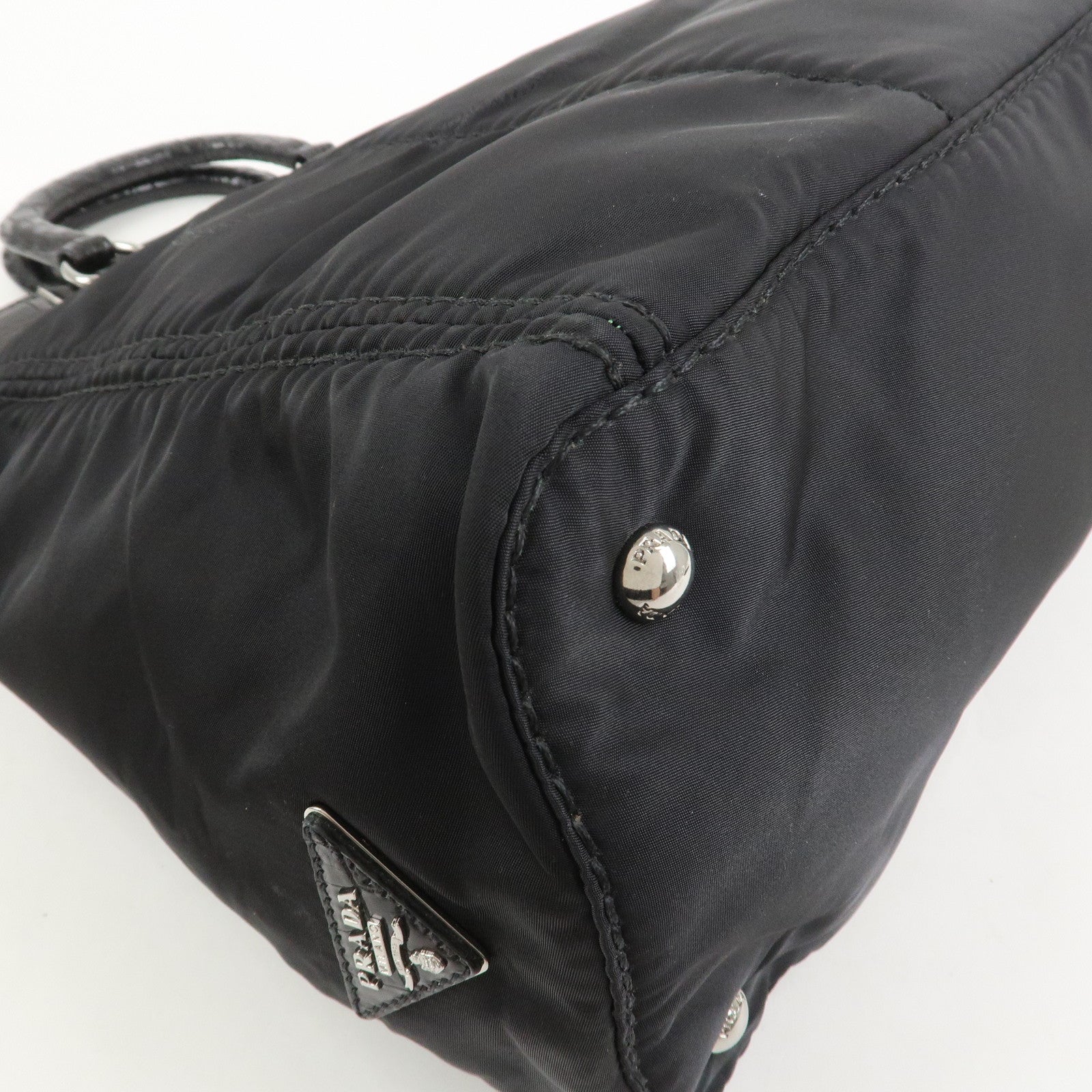 PRADA Triangle Logo Nylon Embossed Leather Hand Bag Black