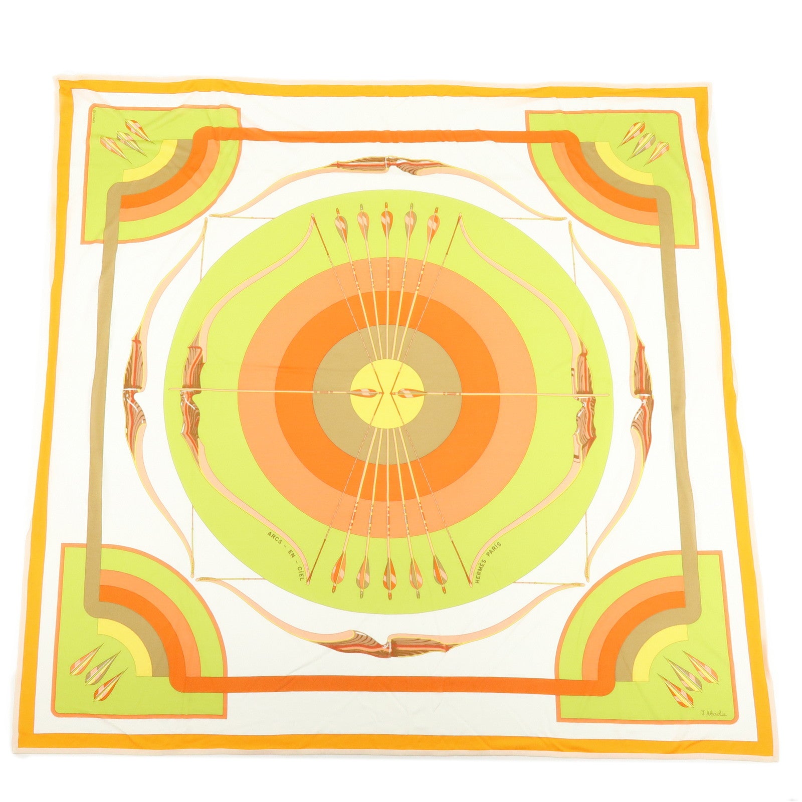 HERMES Carre 90 Silk 100% Scarf ARCS~EN~CIEL Orange White