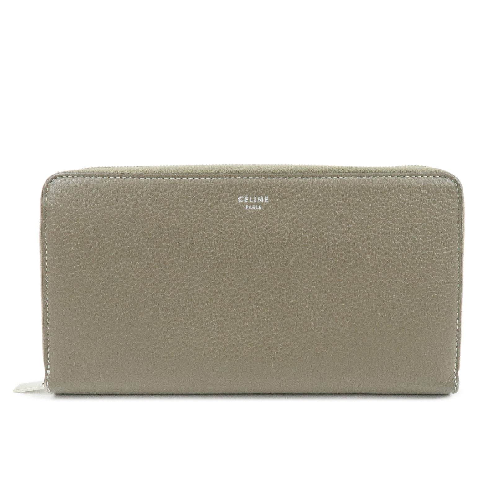 CELINE Logo Claf Leather Round Zippy Long Wallet Greige Beige