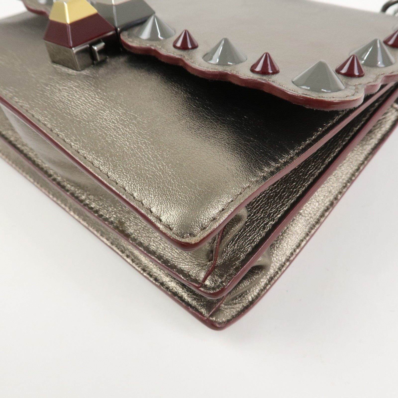 FENDI Mini Kan I Leather Chain Shoulder Bag Metallic Gray 8M0381