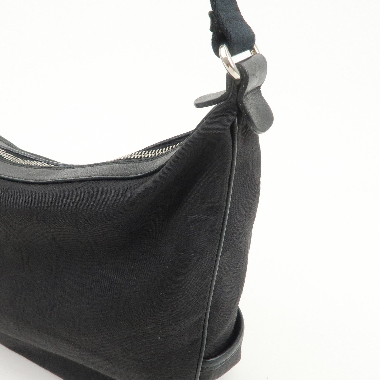 Ferragamo Gancini Logo Nylon Canvas Leather Shoulder Bag Black
