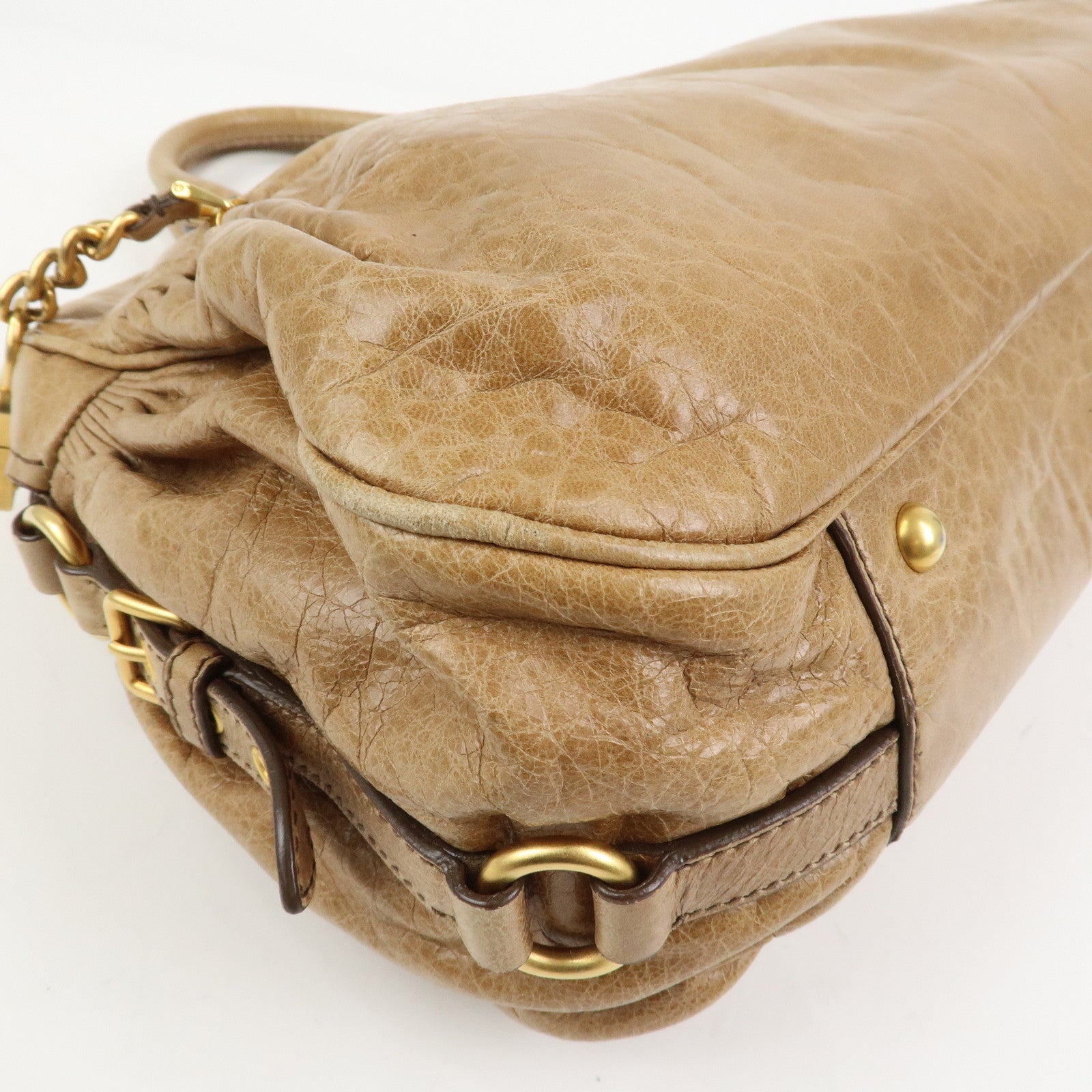 MIU MIU Logo Leather Hand Bag Boston Bag Light Brown