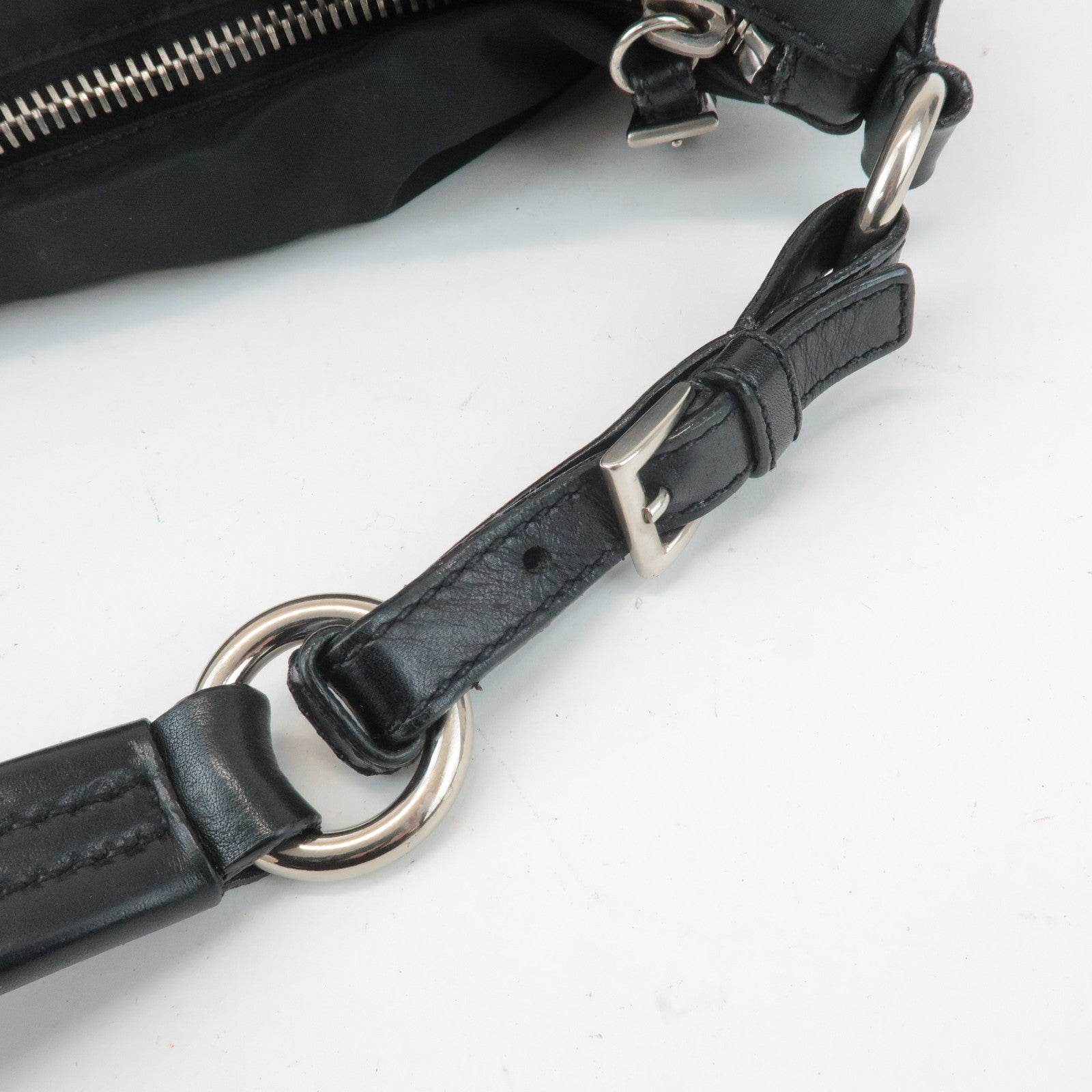 PRADA Triangle Logo Leather Nylon Shoulder Bag Black