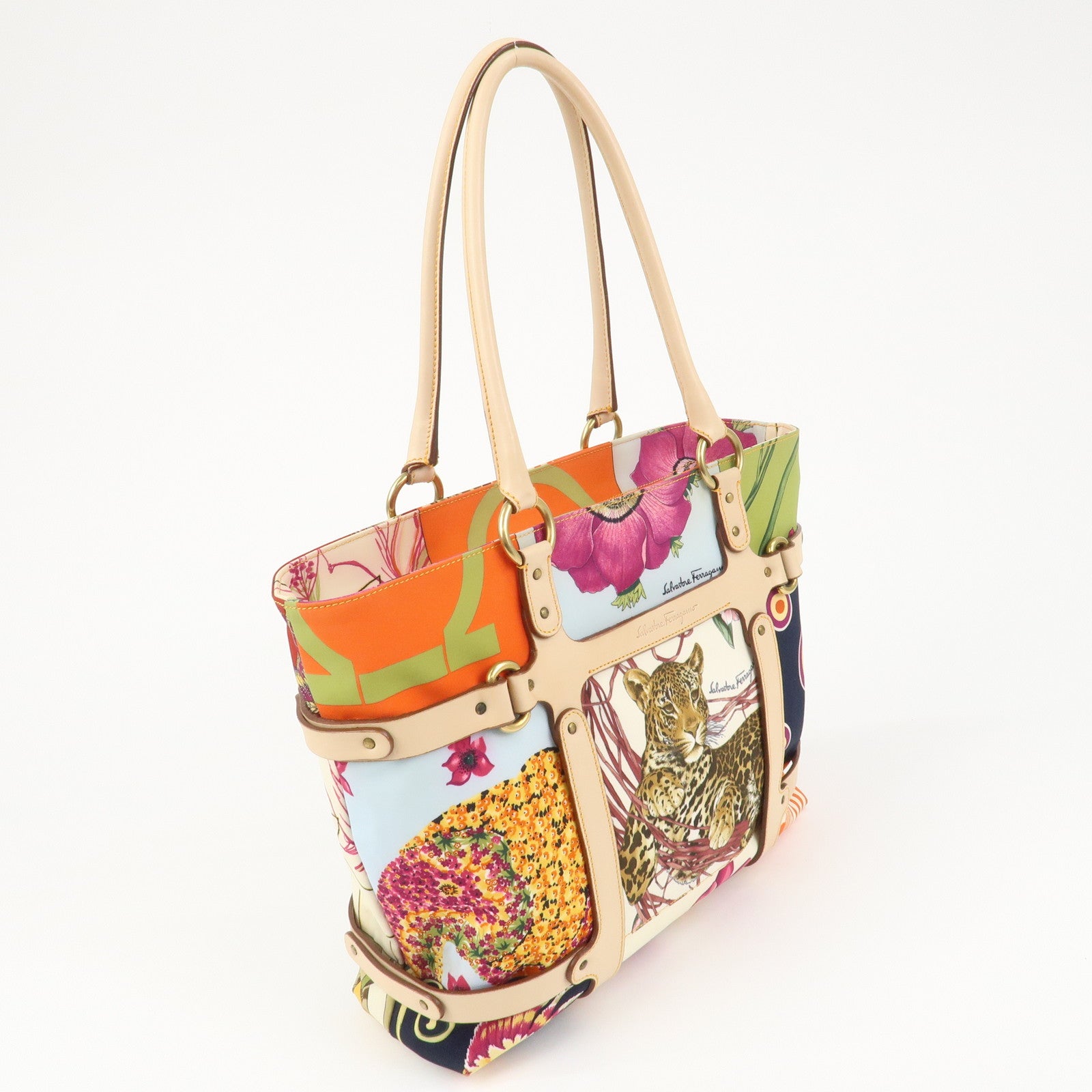 Ferragamo Gancini Nylon Leather Tote bag Shoulder Bag Multicolor