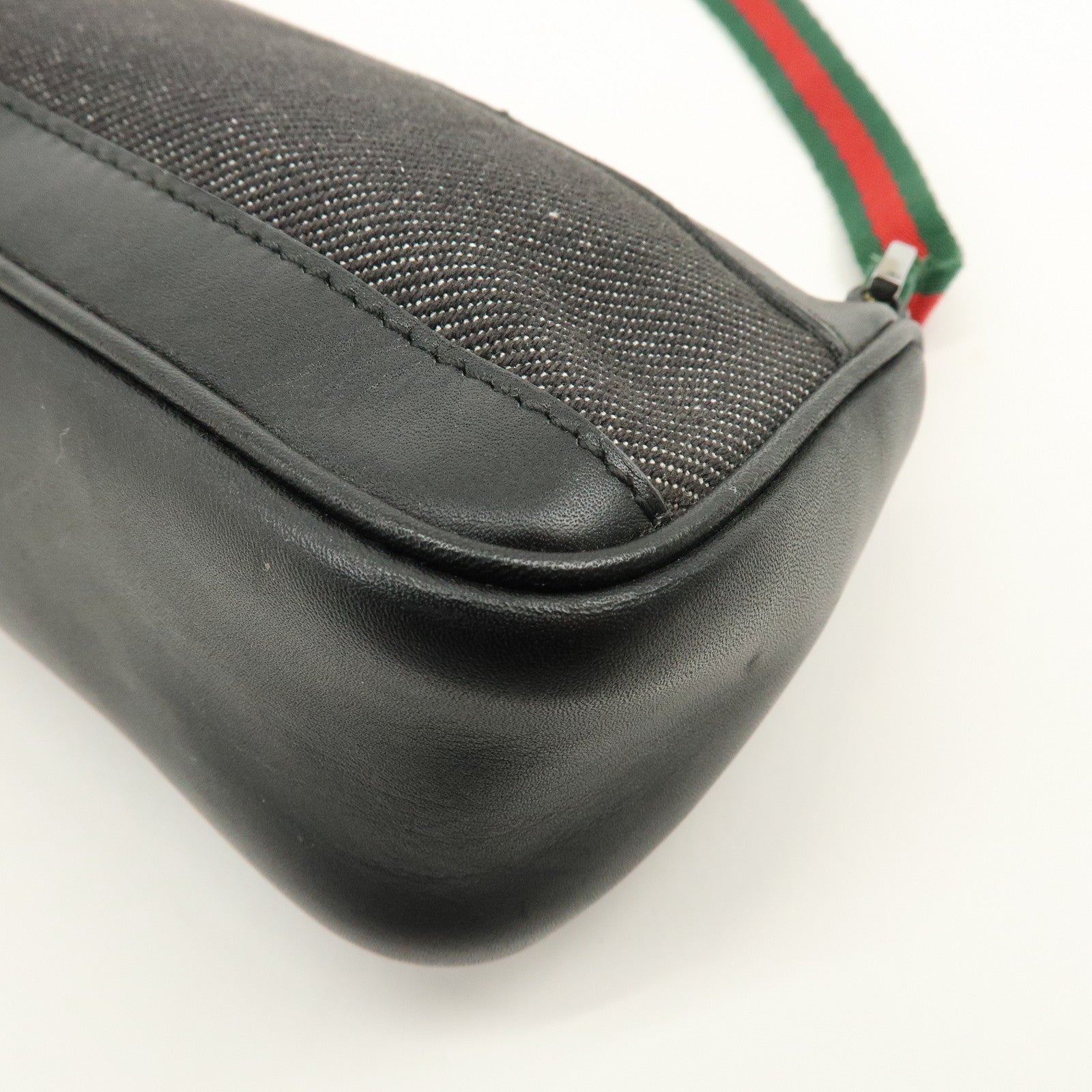 GUCCI Sherry Denim Leather Accessory Pouch Hand Bag Black 92820