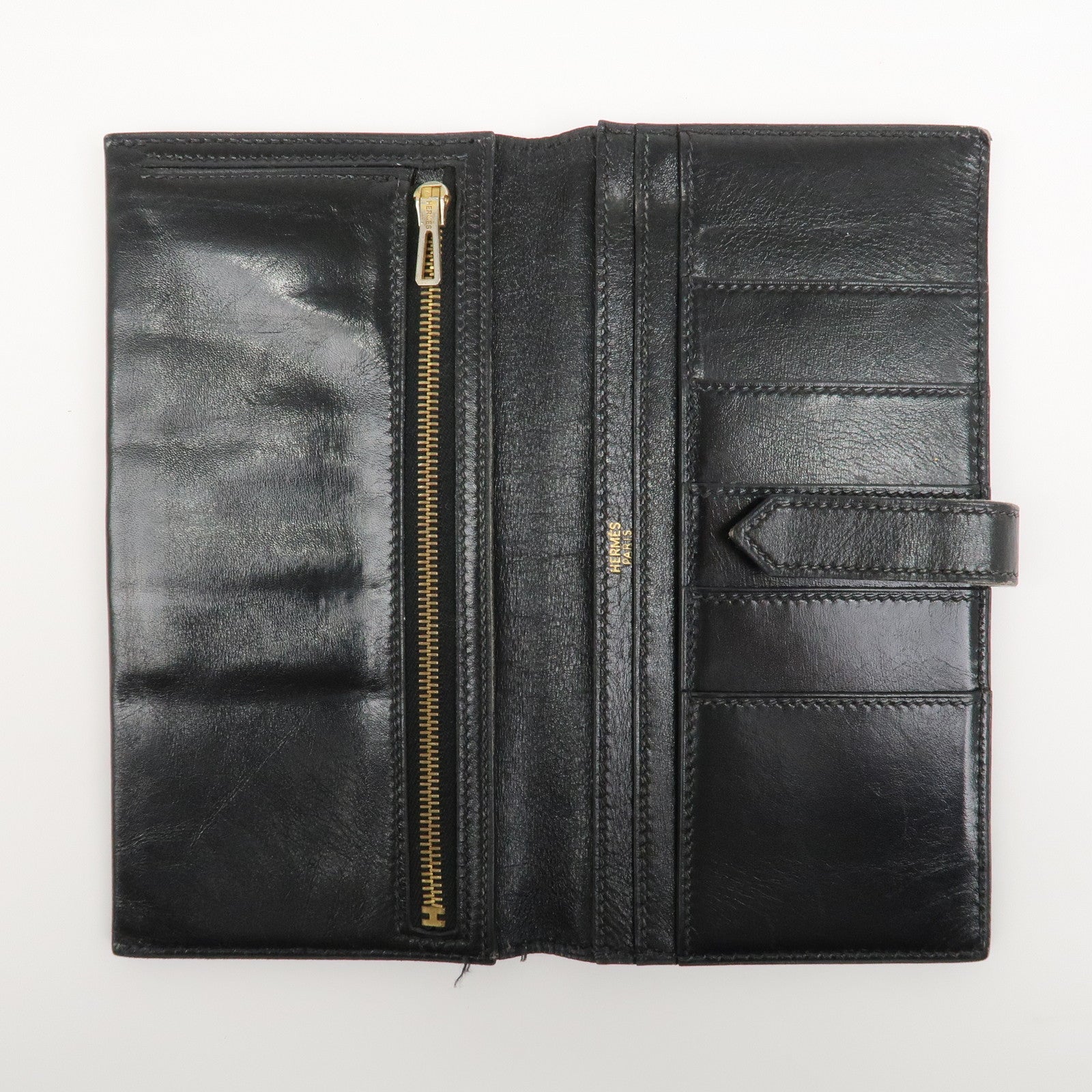 HERMES Box Calf Leather Beant Classic Long Wallet Black