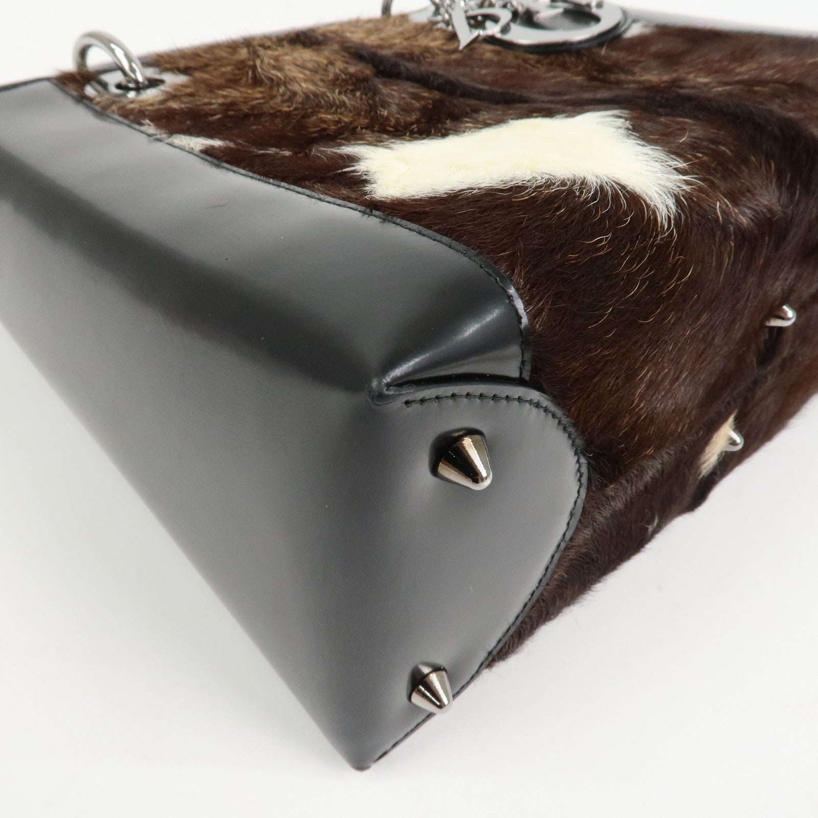 Christian Dior Lady Dior Unborn Calf Patent Leather Hand Bag Black