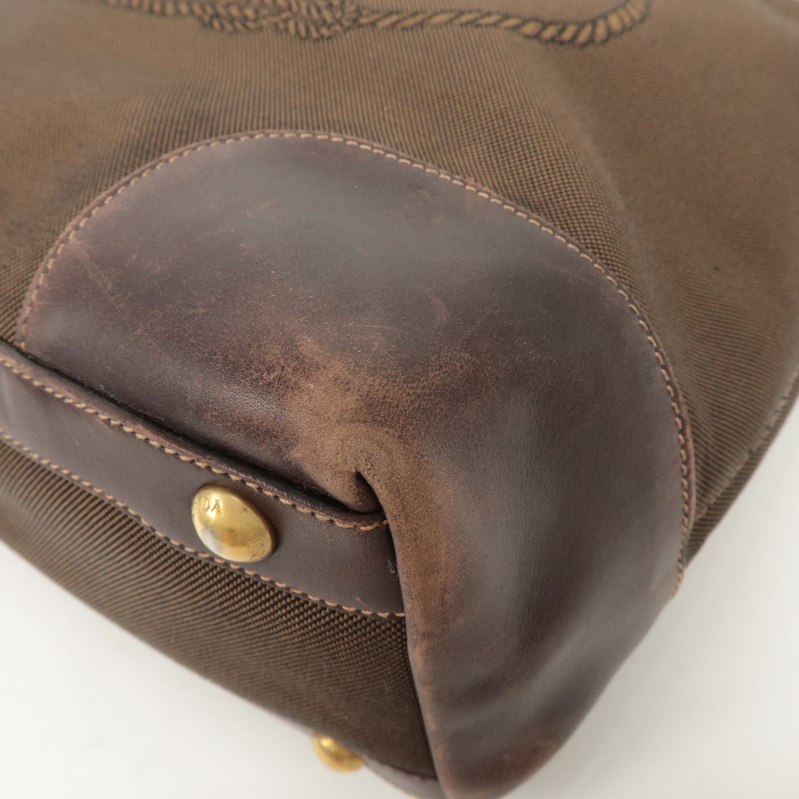 PRADA Triangle Logo Jacquard Leather 2Way Bag Tote Bag Brown Used