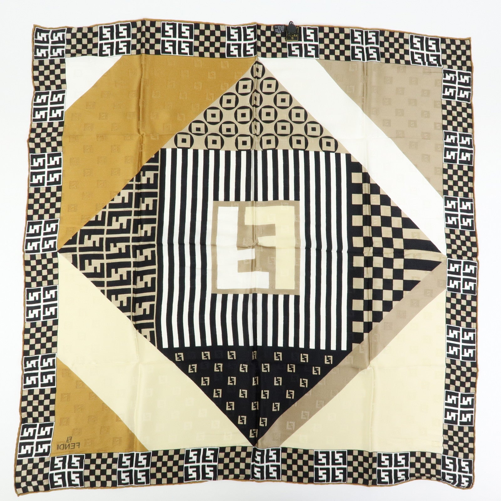 FENDI Zucca Silk 100% Scarf Black Beige Brown